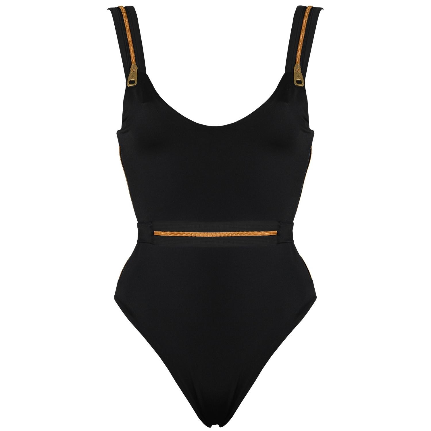 Women's Ripple High Leg One Piece Swimwear With Zip Details In Black | Extra Small | Antoninias