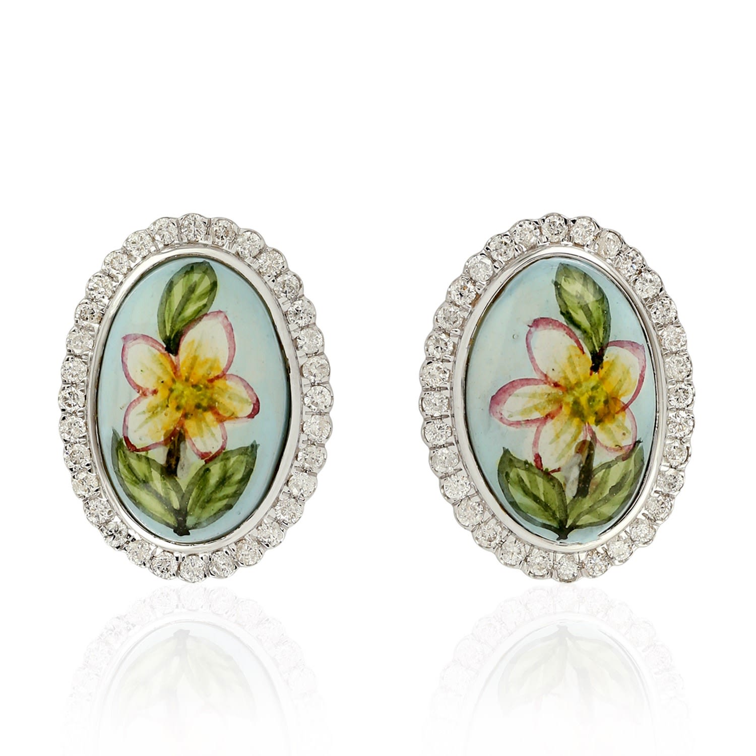 Artisan Women's Natural Mother Of Pearl Stud Earrings In 18k White Gold Enamel Jewelry In Blue