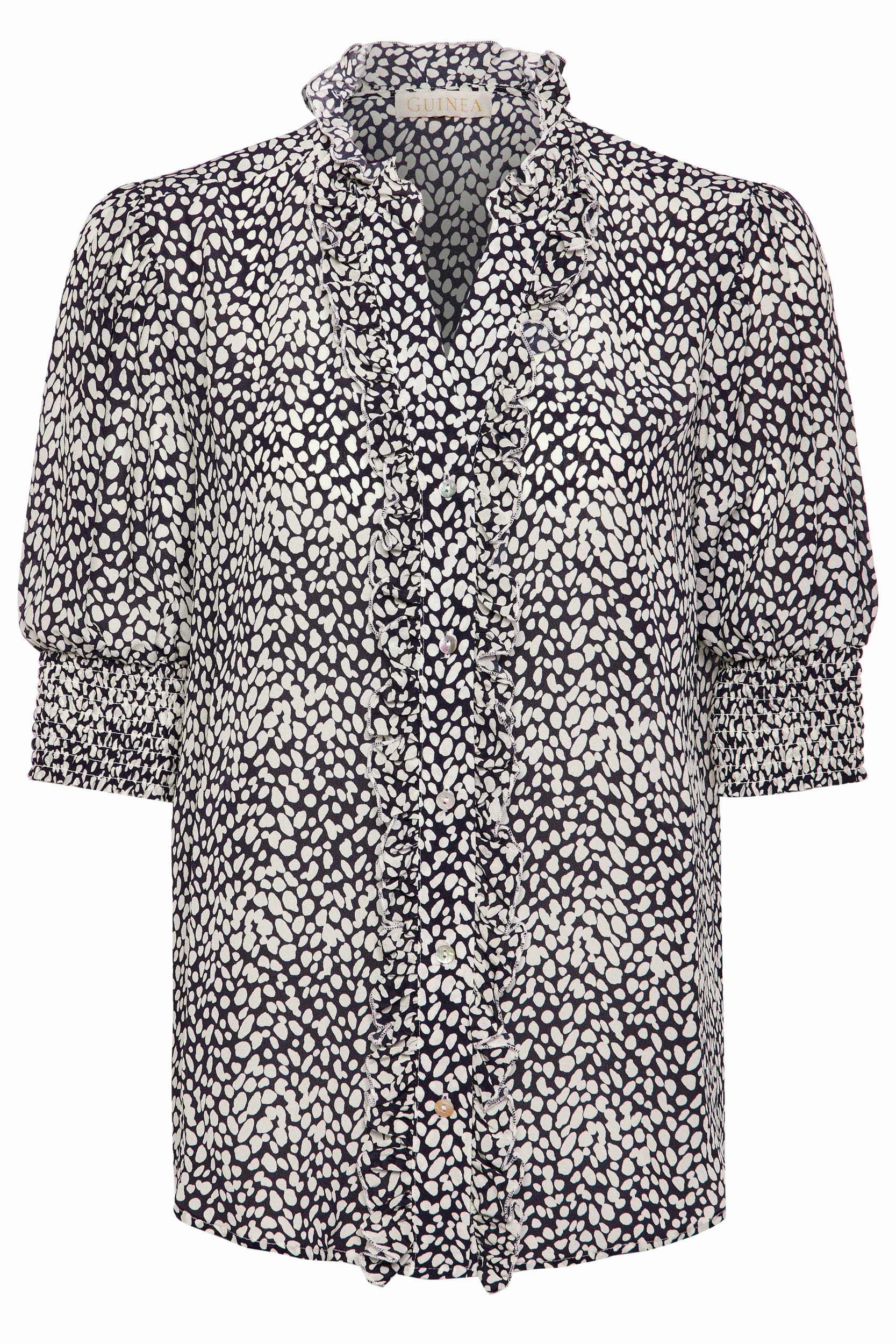 Guinea Women's Blue Short Sleeved Pure Silk Navy Print Blouse In Blue