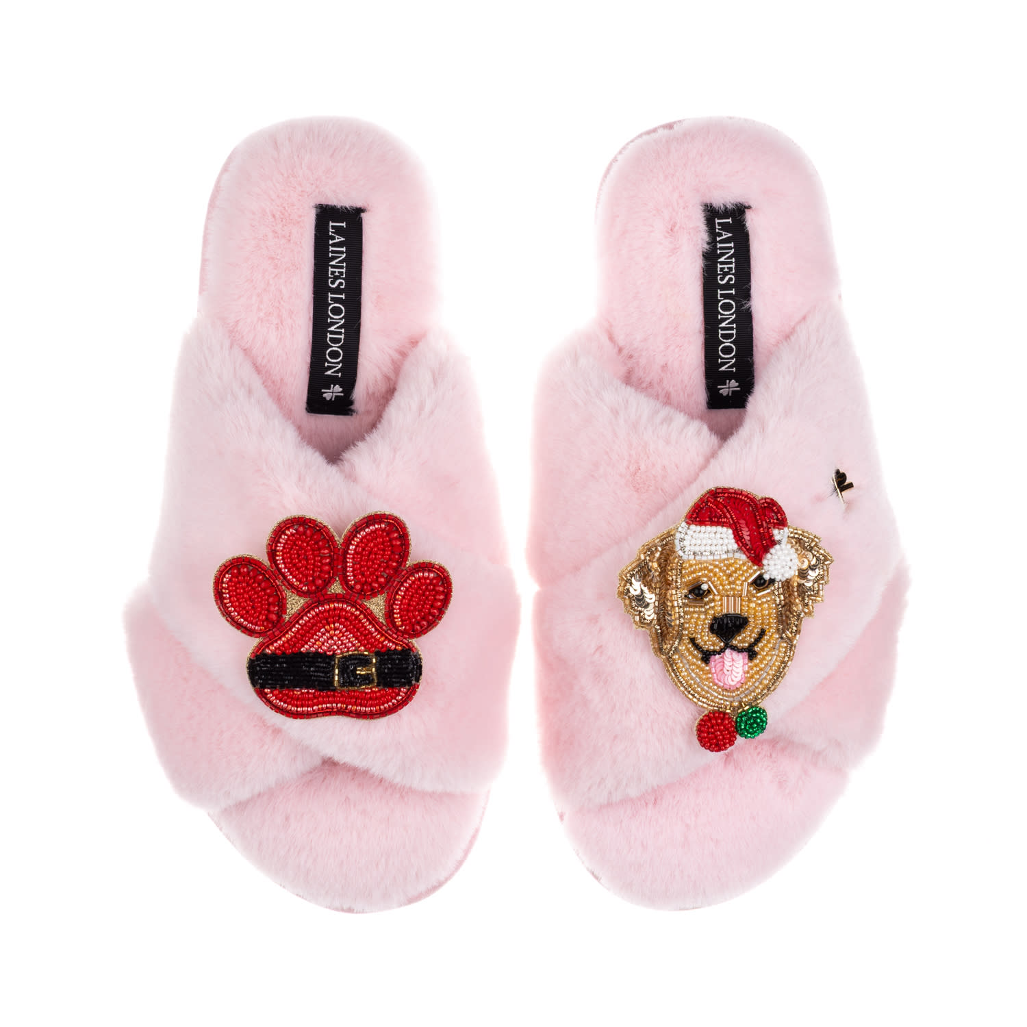 Laines London Women's Classic Slippers With Christmas Golden Retriever & Paw Brooches -pink In Pink