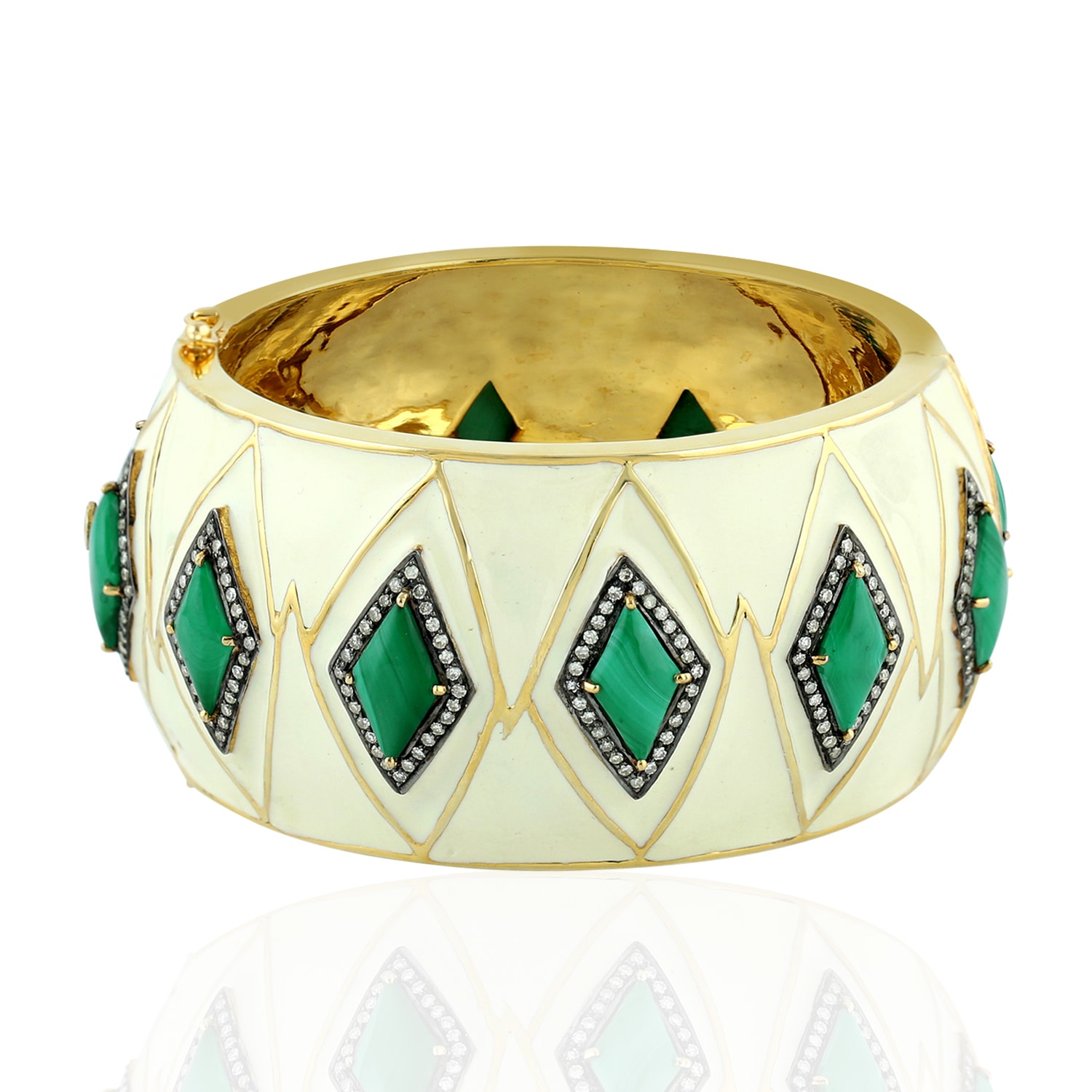 Women’s Gold / Green 18K Gold & 925 Silver In Kite Shape Malachite Pave Diamond Enamel Wide Bangle Artisan