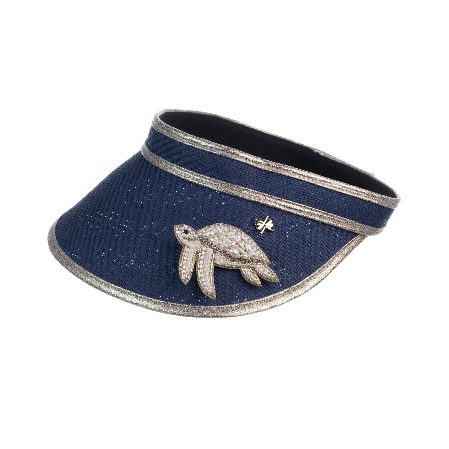 Women’s Blue Straw Woven Visor With Beaded Turtle Brooch - Navy One Size Laines London