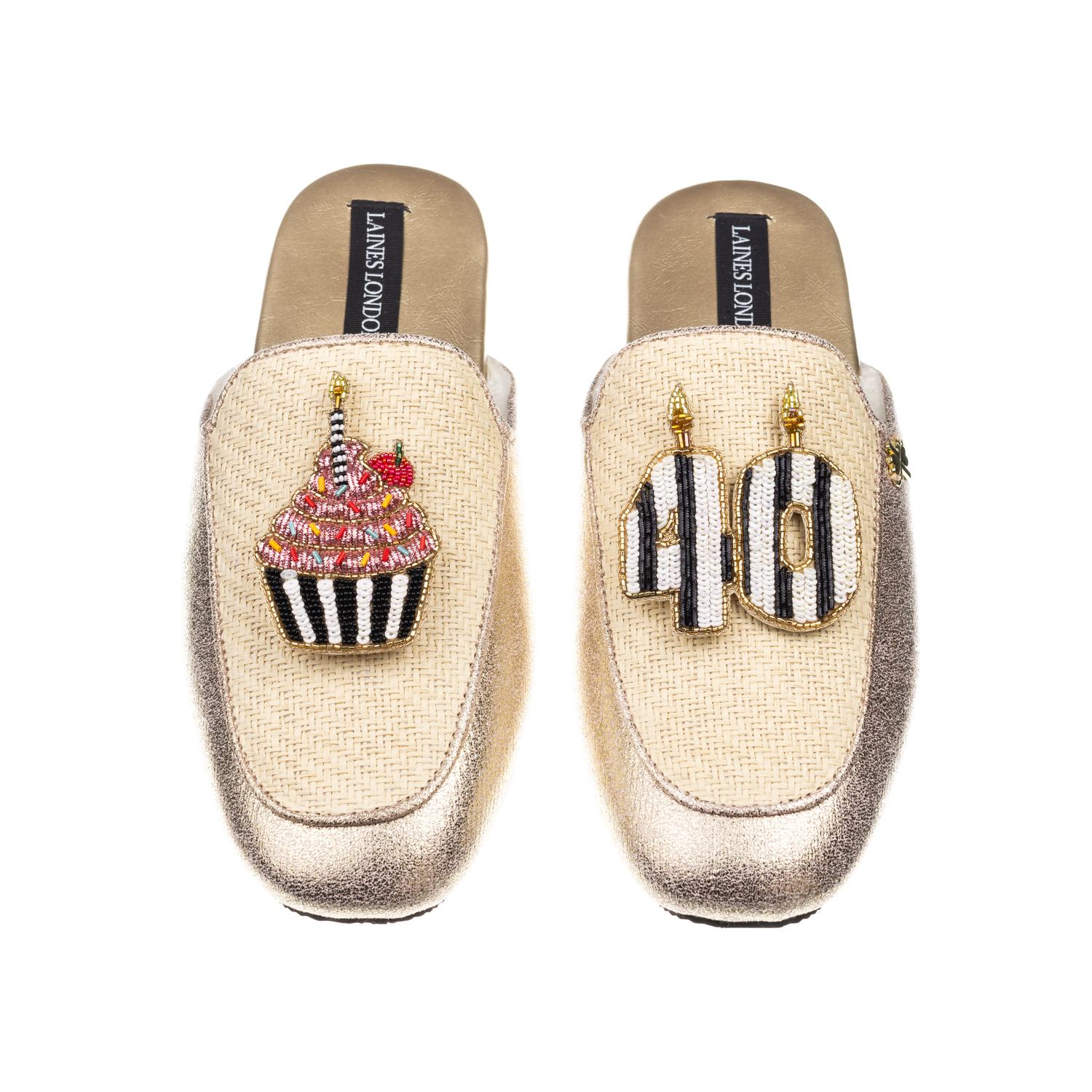 Laines London Women's Gold / Neutrals Classic Mules With Stripe 40th Birthday & Cake Brooches - Cream & Gold In Gold