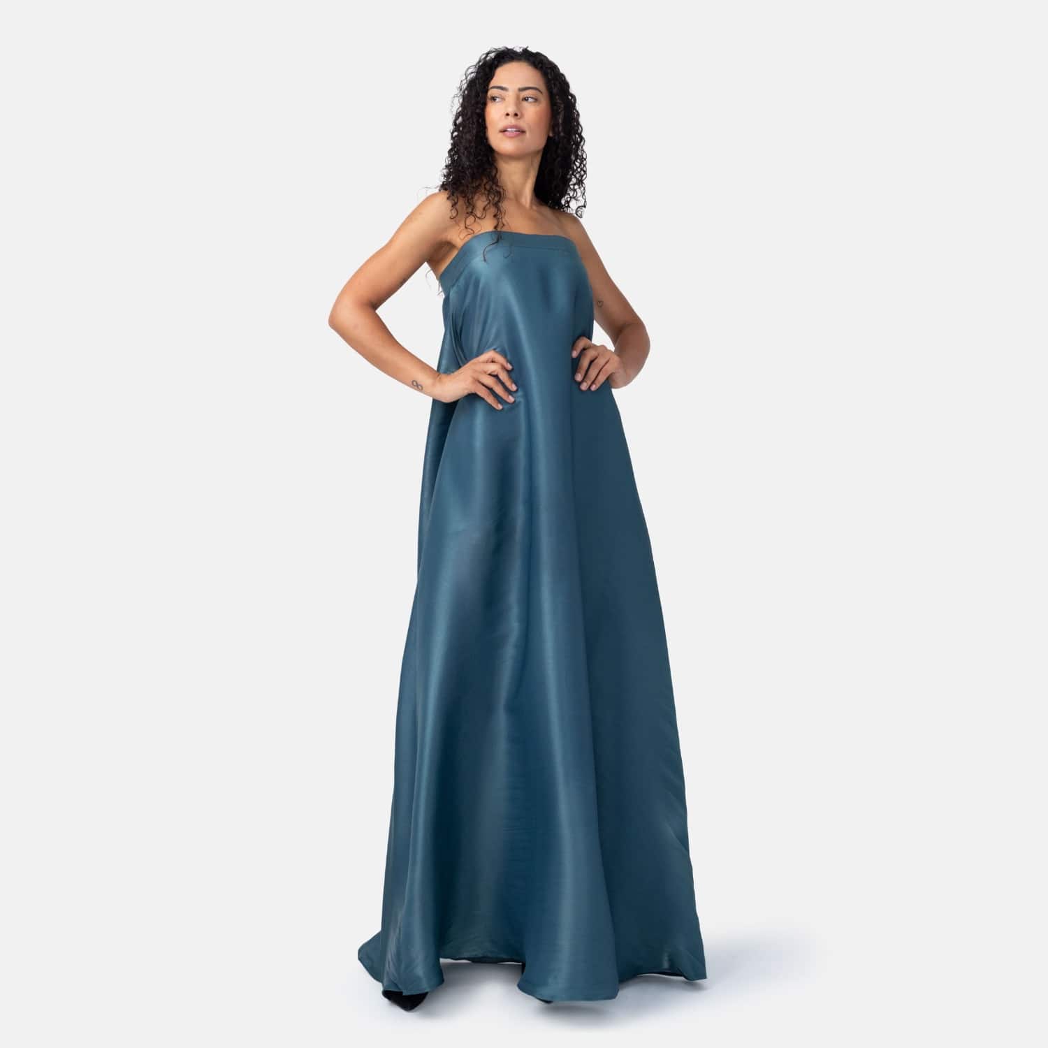 Teal Strapless Trapeze Maxi Dress In Silky Satin - Wedding Guest Style |  Kargede | Wolf & Badger