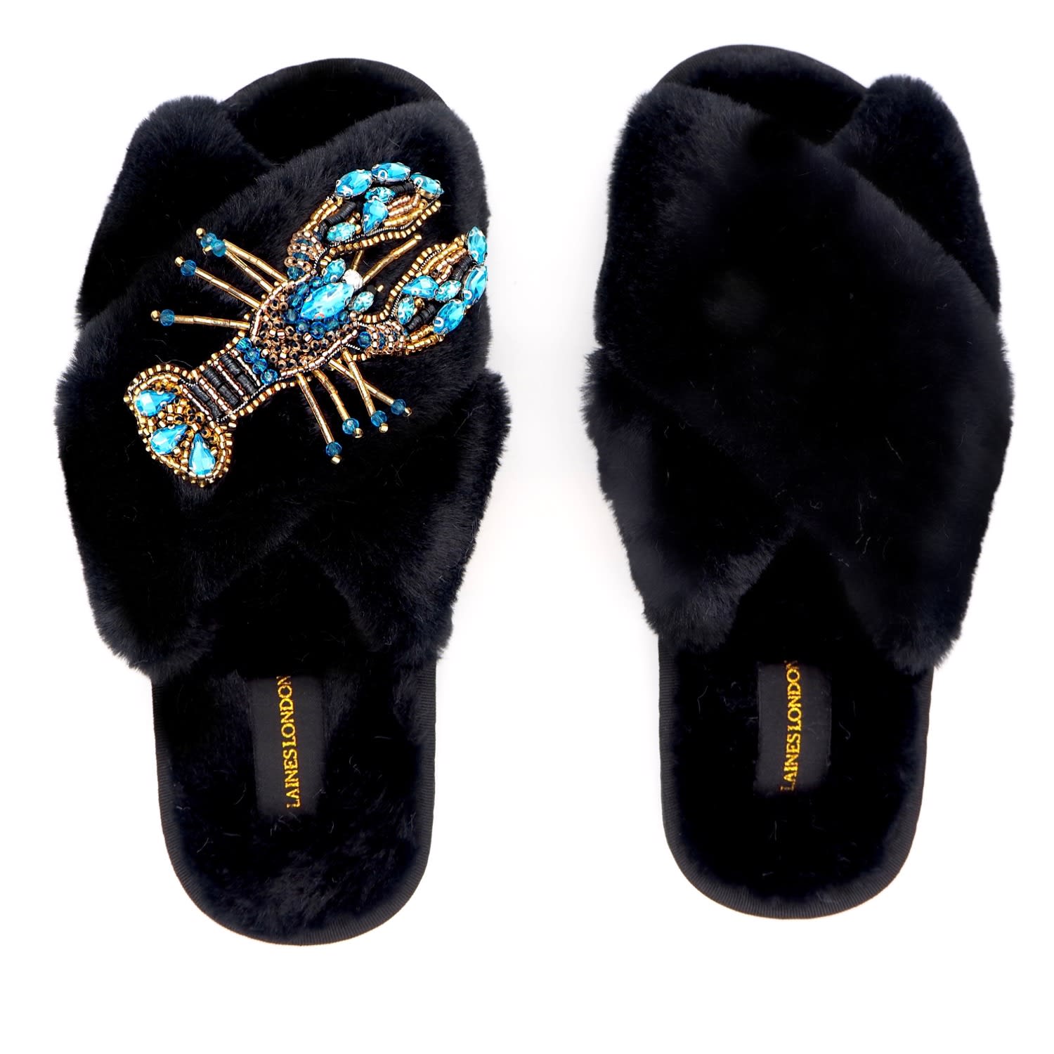 black and blue slippers