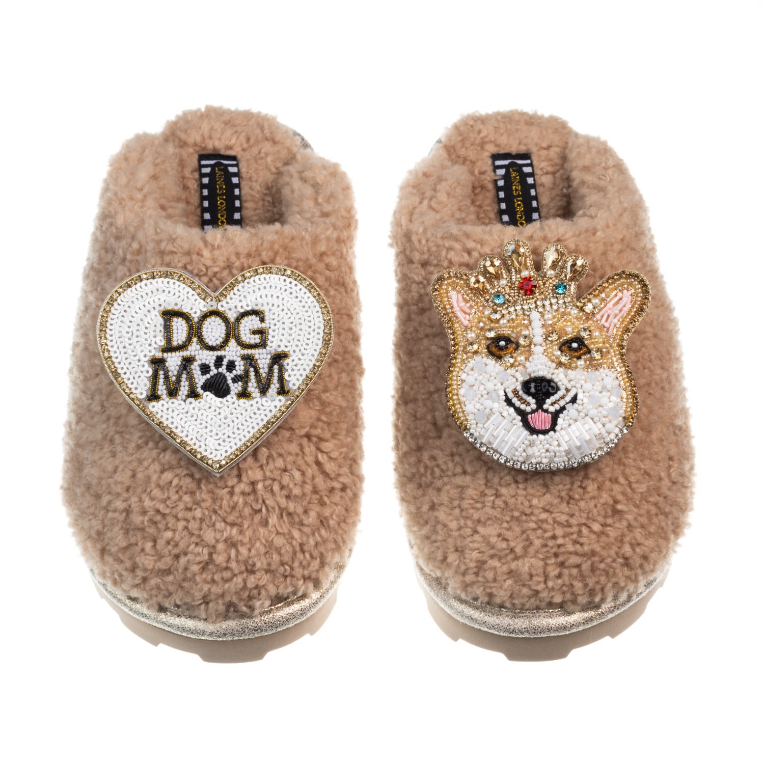 Women’s Brown Teddy Closed Toe Slippers With Royal Corgi & Dog Mum / Mom Brooches - Toffee Extra Large Laines London