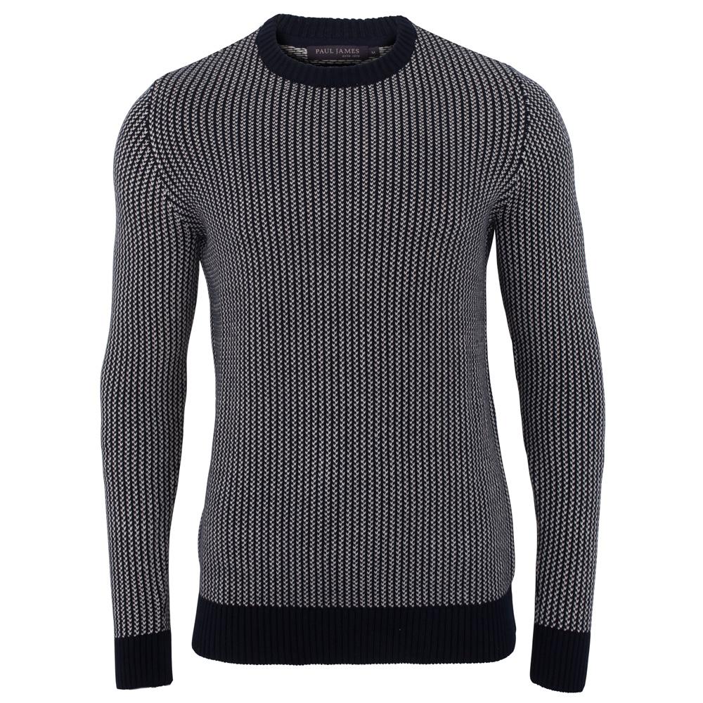 Paul James Knitwear White / Blue Mens Cotton David Fisherman Tuck Stitch Jumper - Navy In White/blue