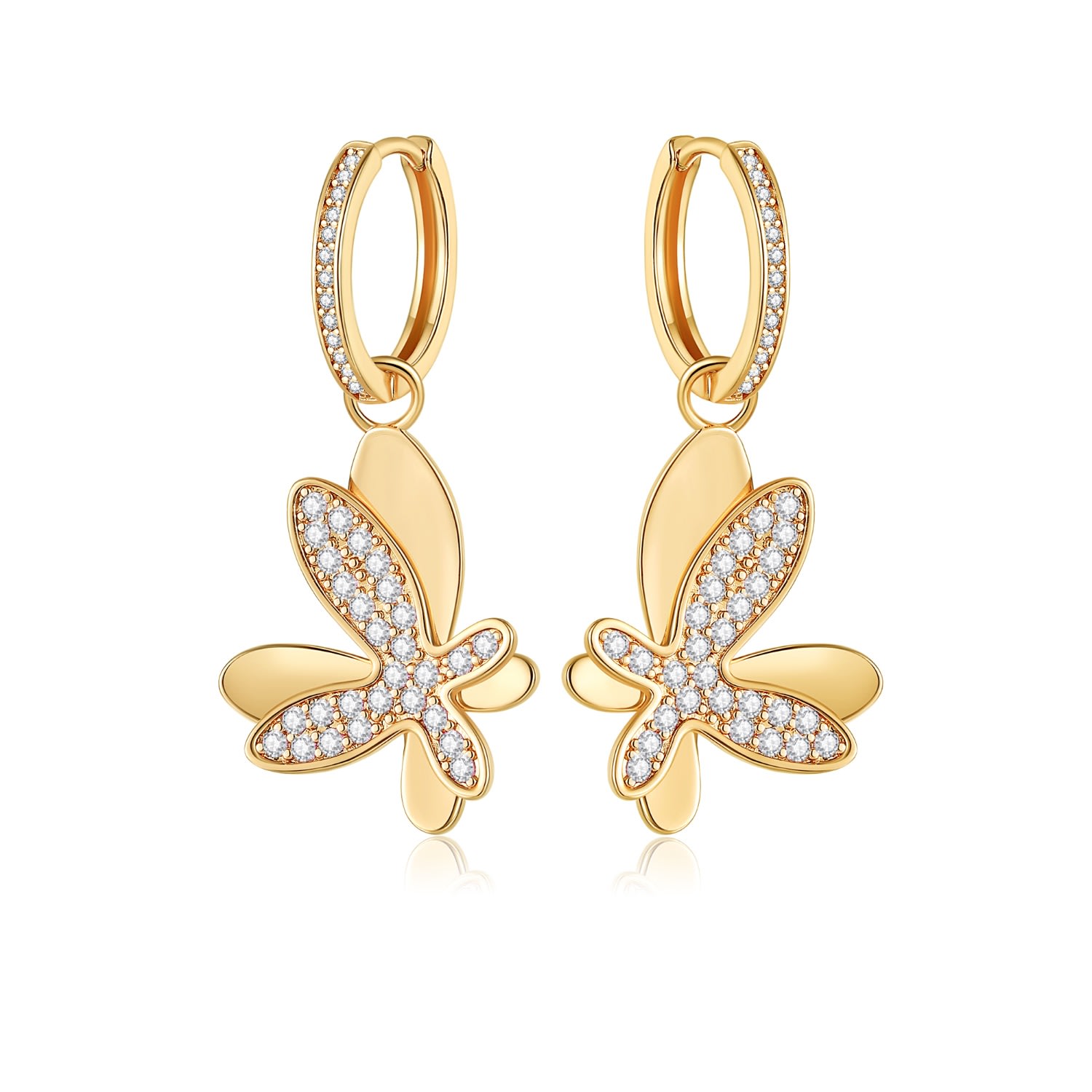 Women’s Gold Pavé Diamond Butterfly Dangle Drop Hoop Earrings Classicharms