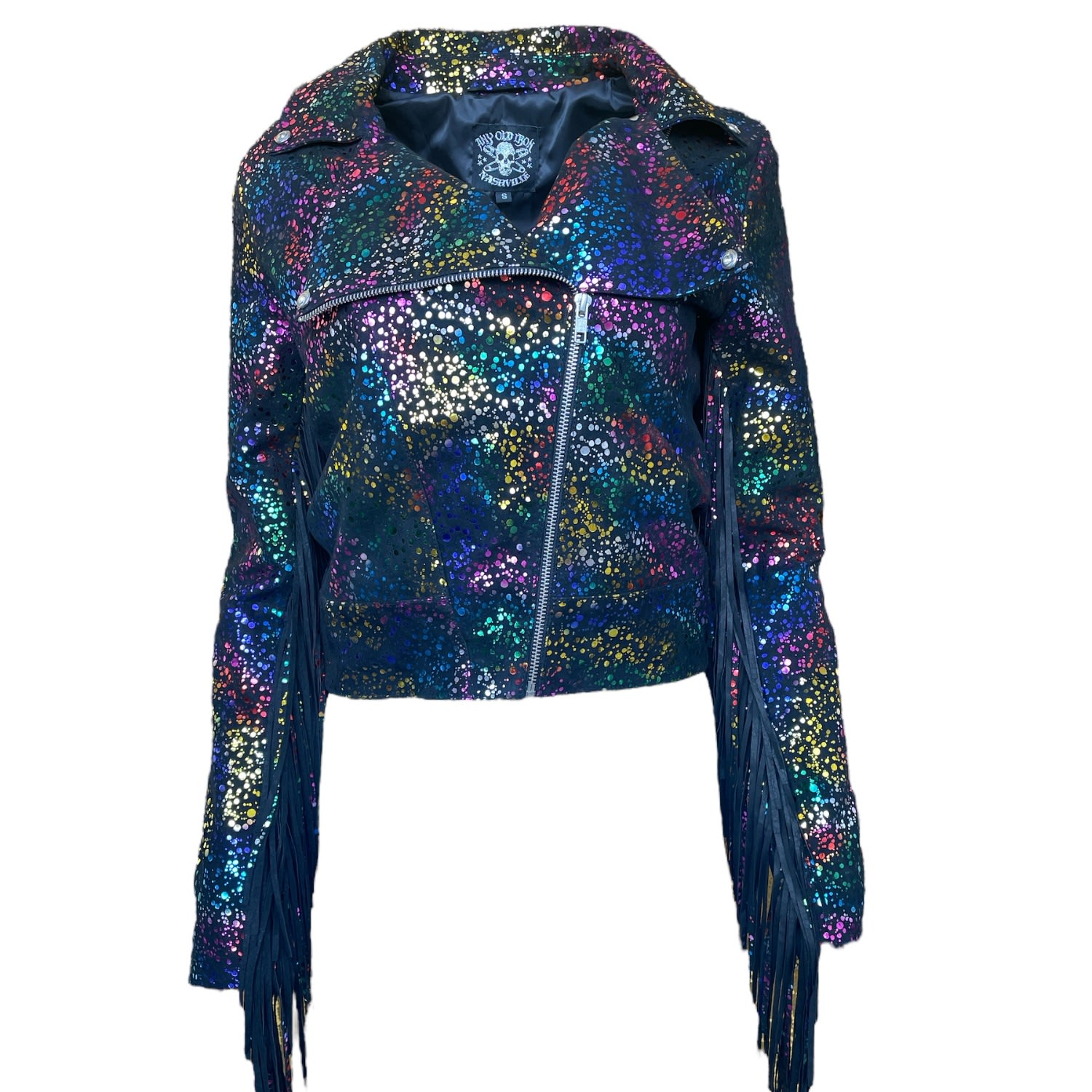 Any Old Iron Women's Metallic Multicolor Splodge Leather Moto In Black
