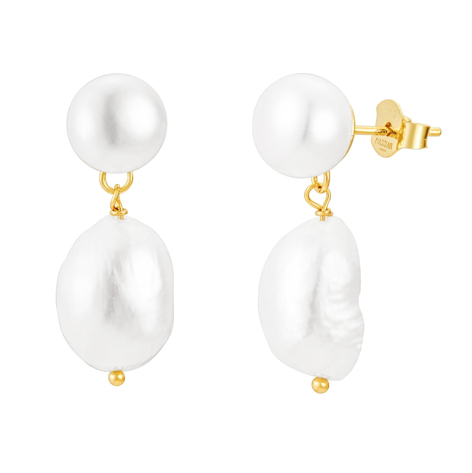Nazzar Women's Gold / White Double Pearl Dangle Stud Earrings