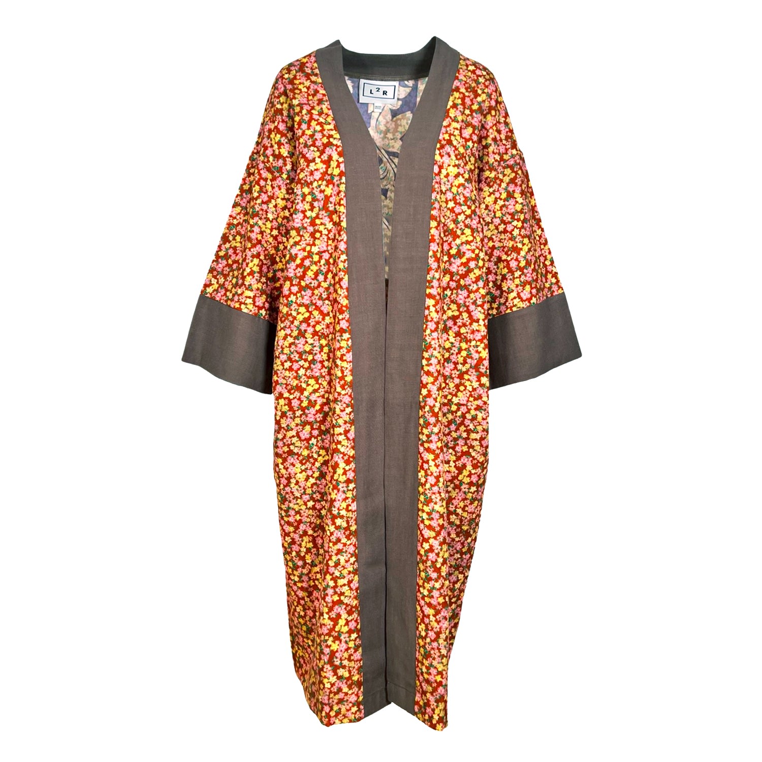 L2r The Label Women's Yellow / Orange / Brown Reversible Kaftan Kimono - Floral Brown Print