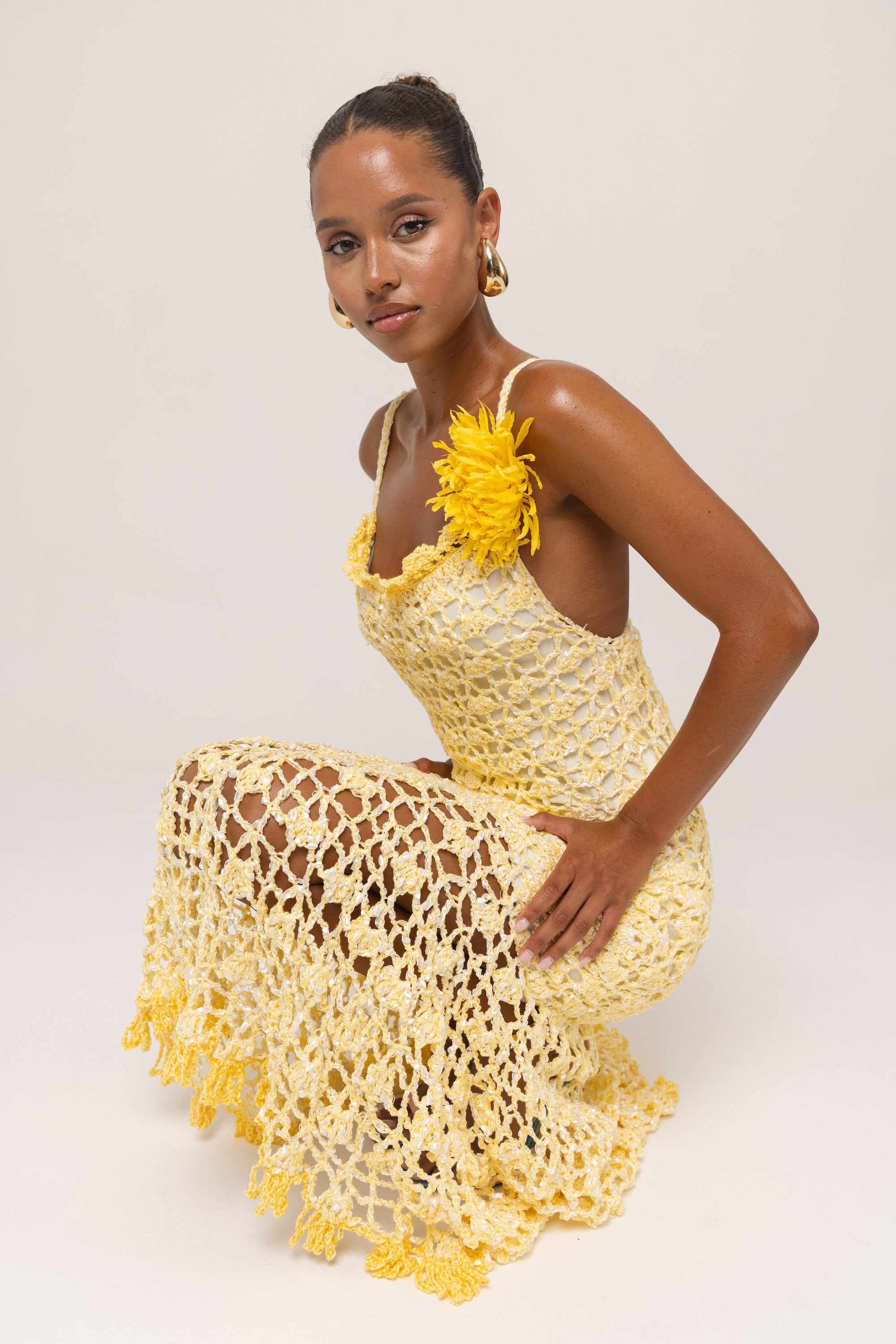 ANDREEVA | Butter Yellow Chrysanthemum Midi Handmade Crochet Dress S / Yellow