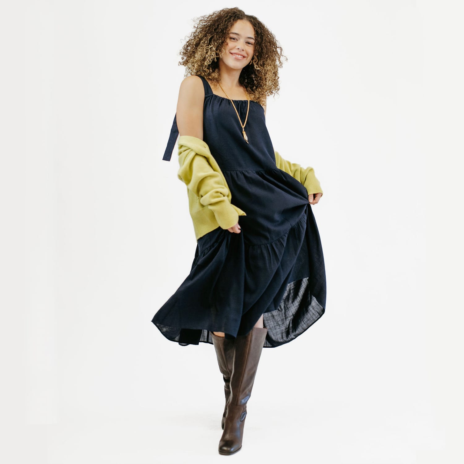 Cotton Linen Gathered Strap Tiered Dress - Navy | Zenzee | Wolf & Badger