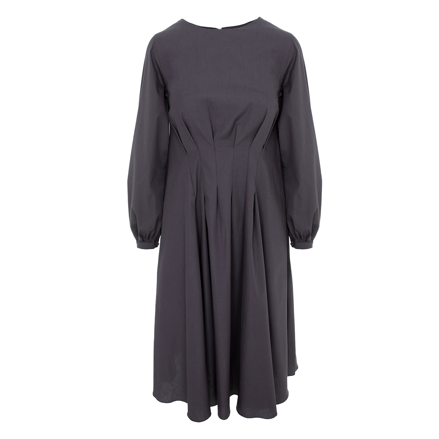 Women’s Grey Dress With Pleats At The Waist And Balloon Sleeves Made From Organic Cotton Poplin Large Ipanomi