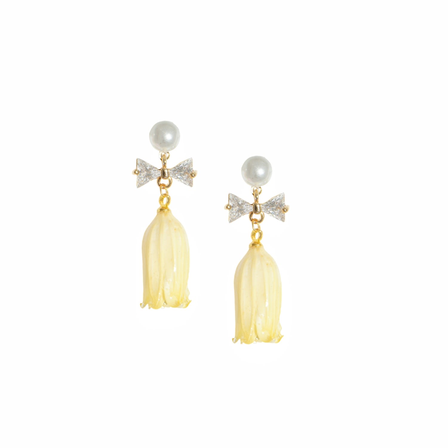 I'mmany London Women's Yellow / Orange Real Flower Lilian Lily Of The Valley Crystal Bow Flower Drop Pearl Earrings