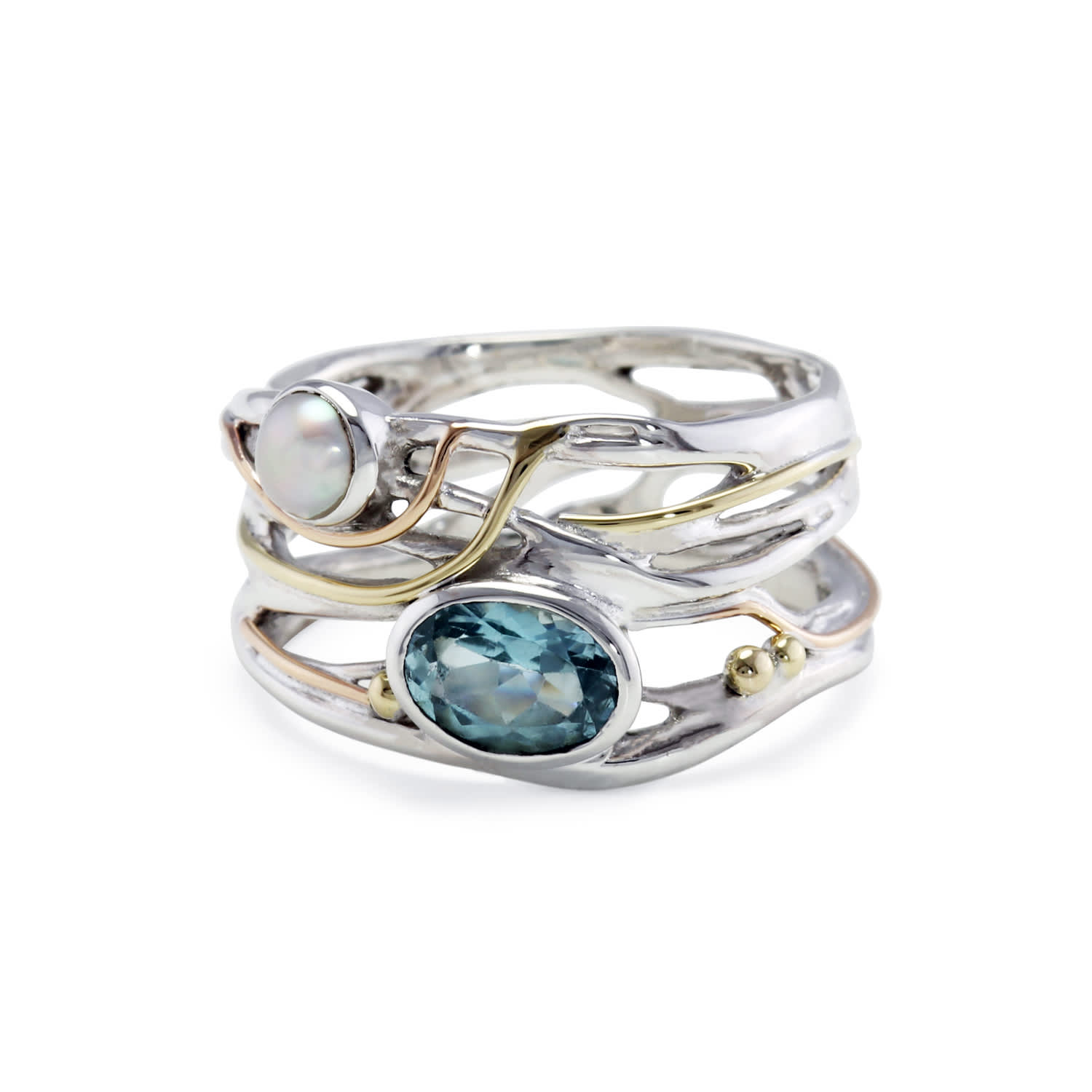 Isla Silver Women's Silver / Blue / White Blue Topaz & Freshwater Pearl Statement Ring