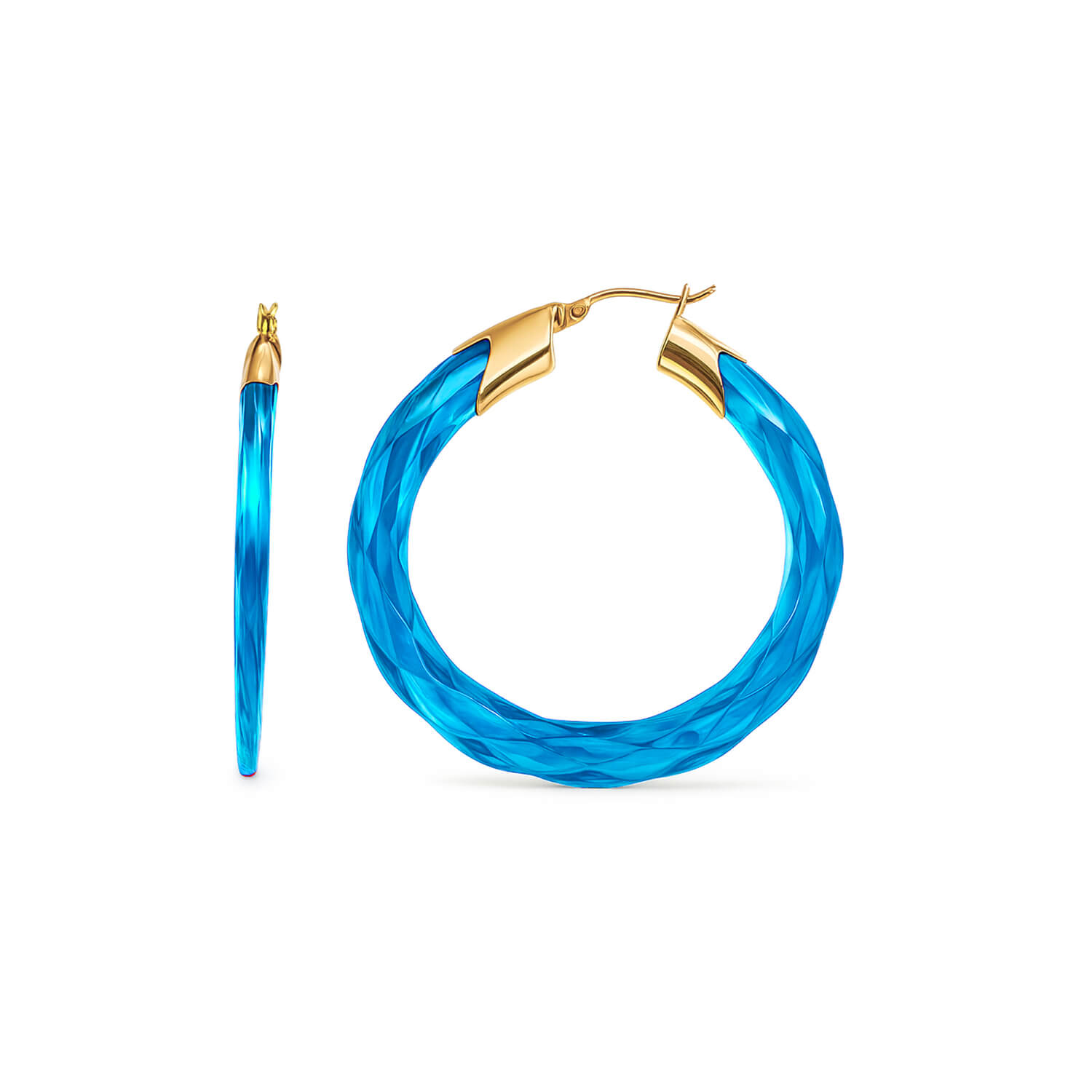 Gold & Honey Women's Gold / Blue Blue Topaz Swirl Twist Lucite Birthstone Hoop Earrings