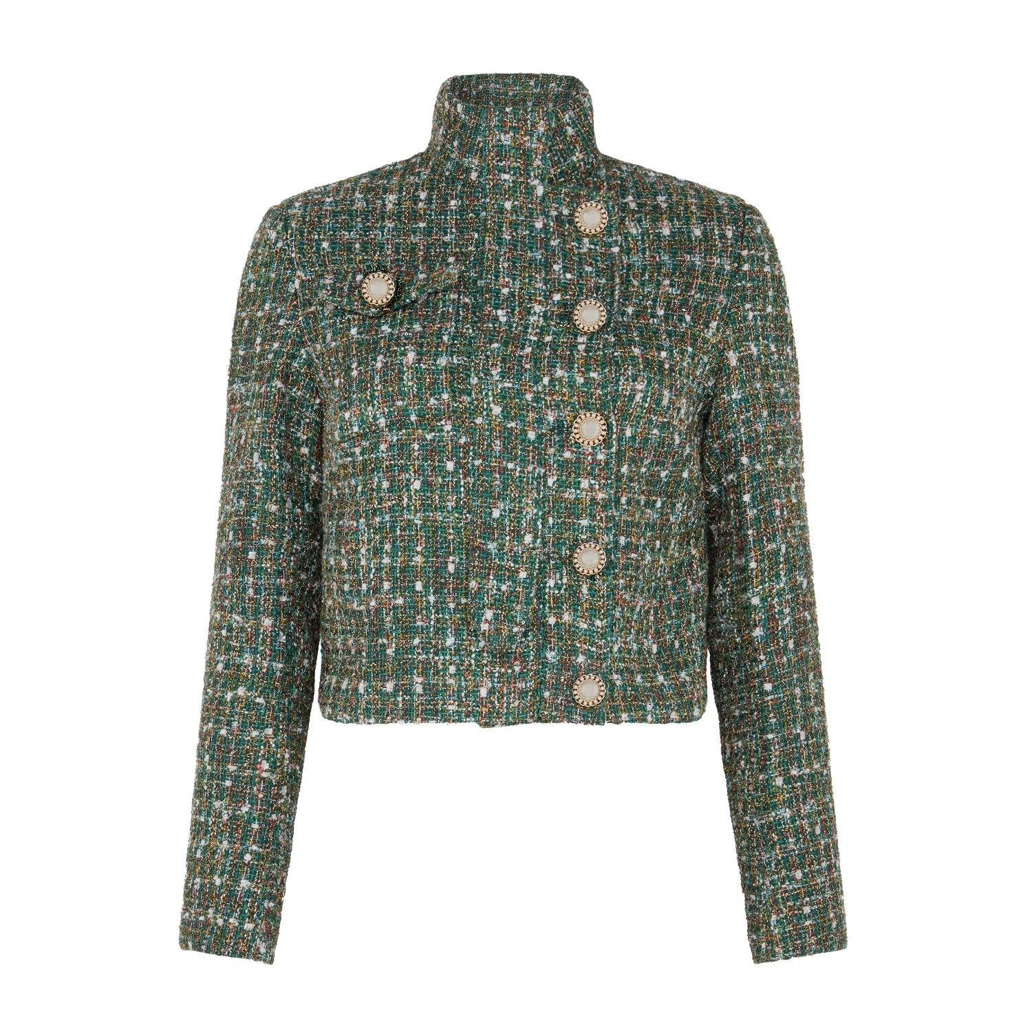 Sour Figs Women's Gold / Green High-neck Metallic Thread Bouclé Tweed Jacket In Emerald Green In Multi
