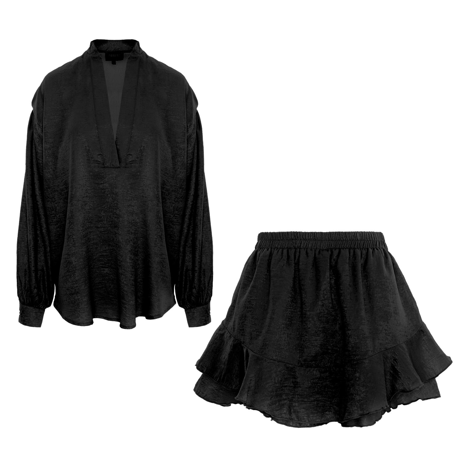 Bluzat Black Set With V Neck Shirt & Ruffle Skirt In Black