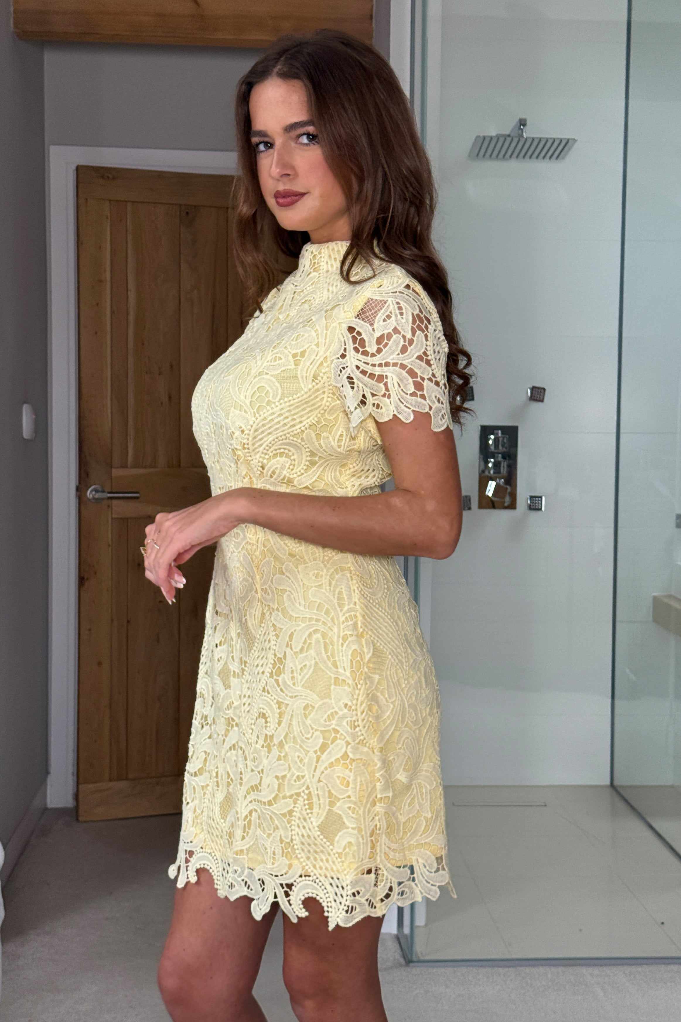 yellow long sleeve lace dress Lace Ruched Long Sleeve Dress in Yellow