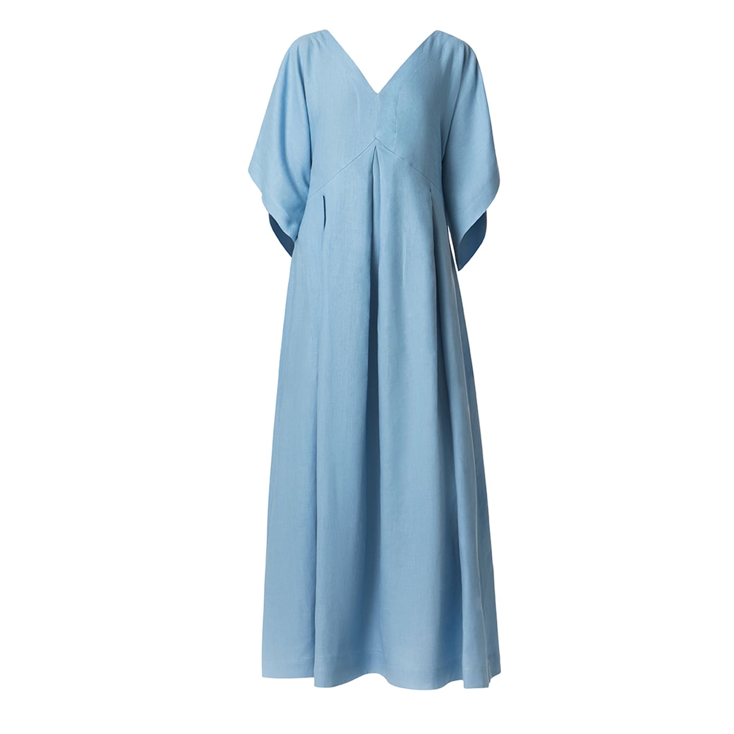 Haris Cotton Women's Blue Maxi Linen Dress With Pleats And Flutter Sleeves Ciel In Blue