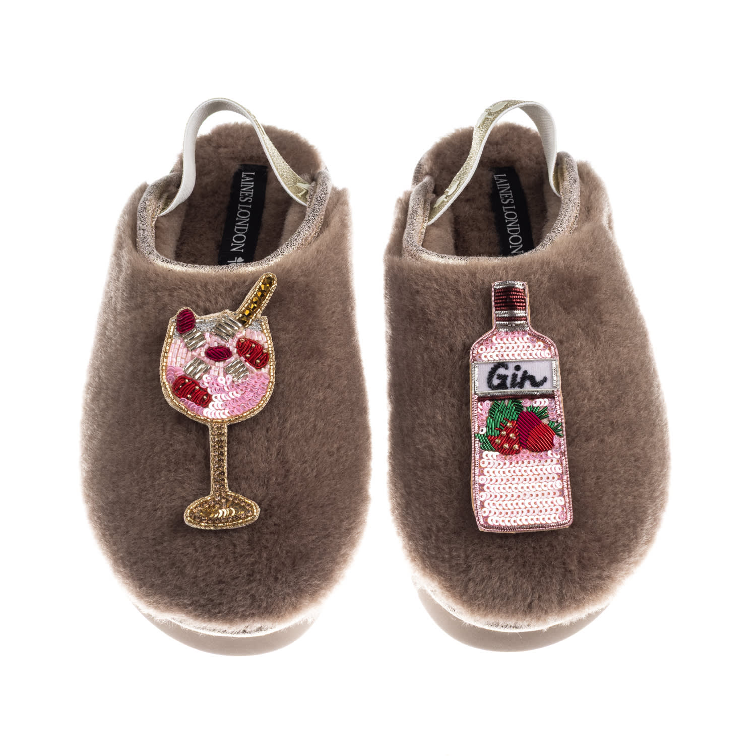 Laines London Women's Brown / Gold / Neutrals Flatform Cloud Slippers With Pink Gin & Glass Brooches - Mink In Animal Print
