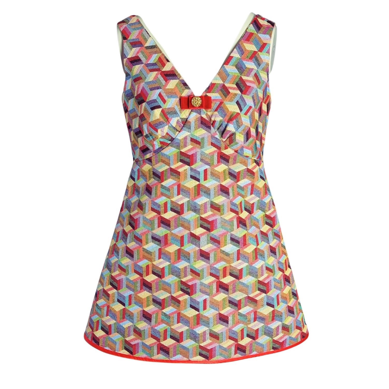 Women's Green / Pink Tapestry Geometric A Line Mod Dress | Small | Couture to Your Door