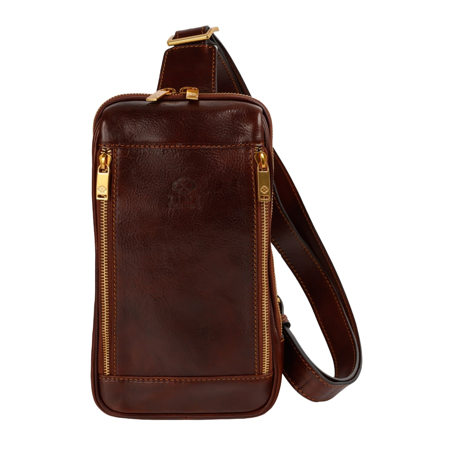 Time Resistance Men's Brown Leather Sling Bag Chest Bag - Kim In Brown