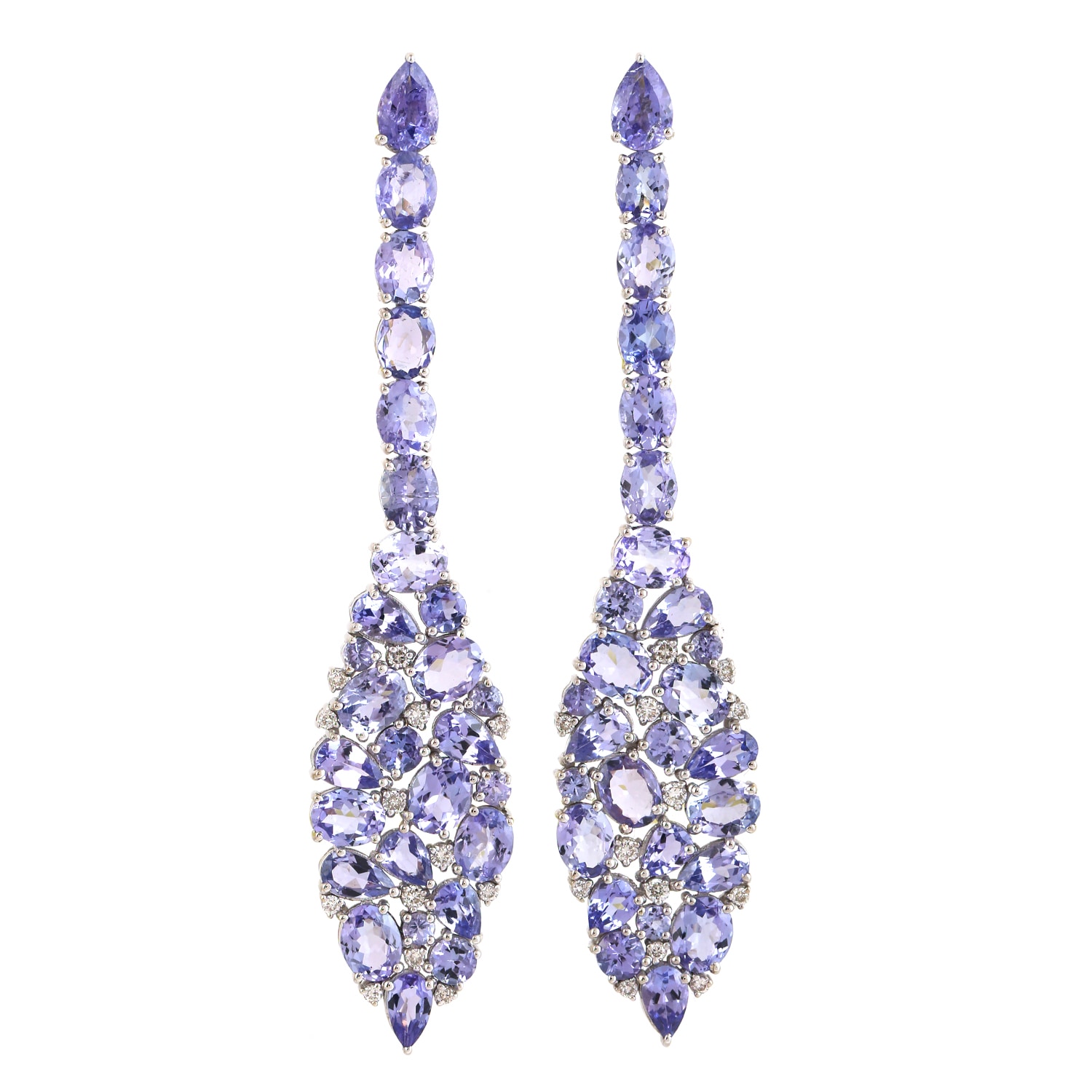 Women’s White / Blue Tanzanite Gemstone & Natural Diamond Long Fancy 18K White Gold Dangle Earrings Artisan