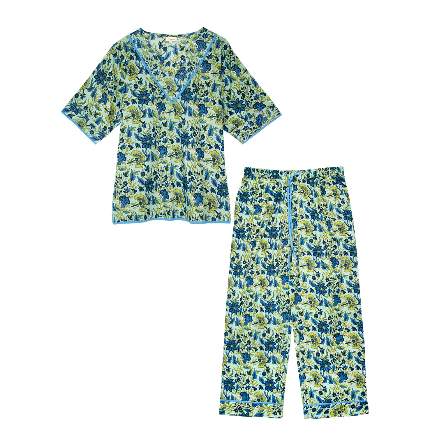 Inara Women's Green Indian Cotton Floral Printed Pyjamas - Lime Patchouli