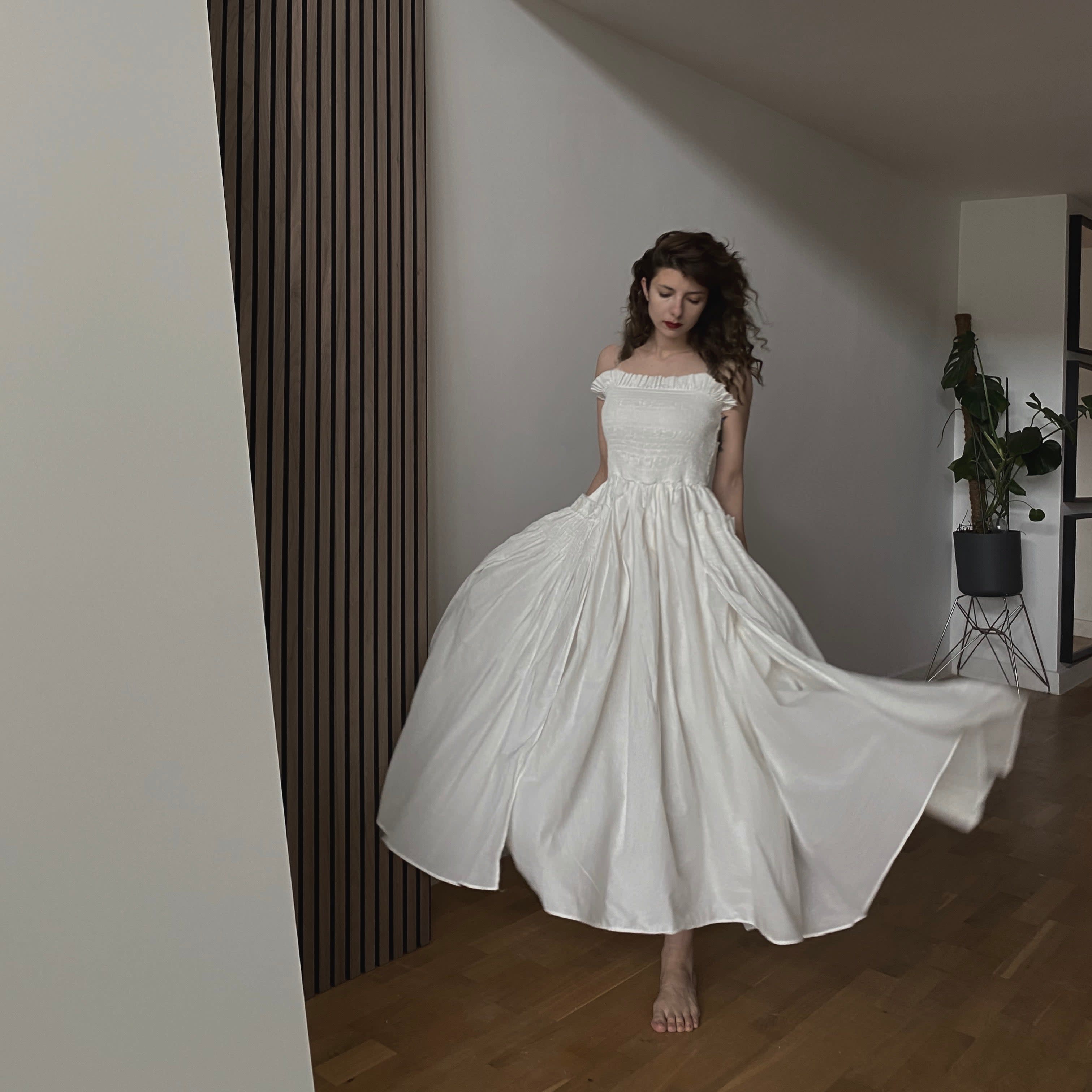 White Cotton Strapless Smocked Maxi Dress | London Atelier