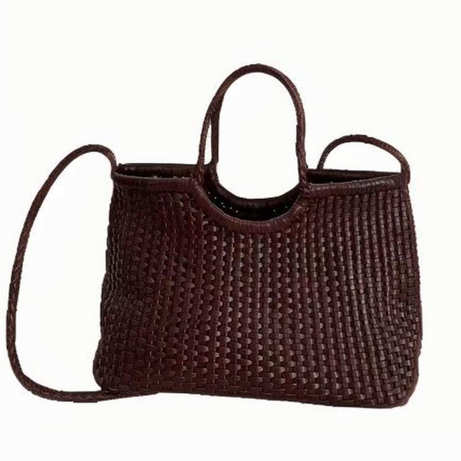 Rimini Women's Hand Woven Leather Bucket Bag - Dark Brown