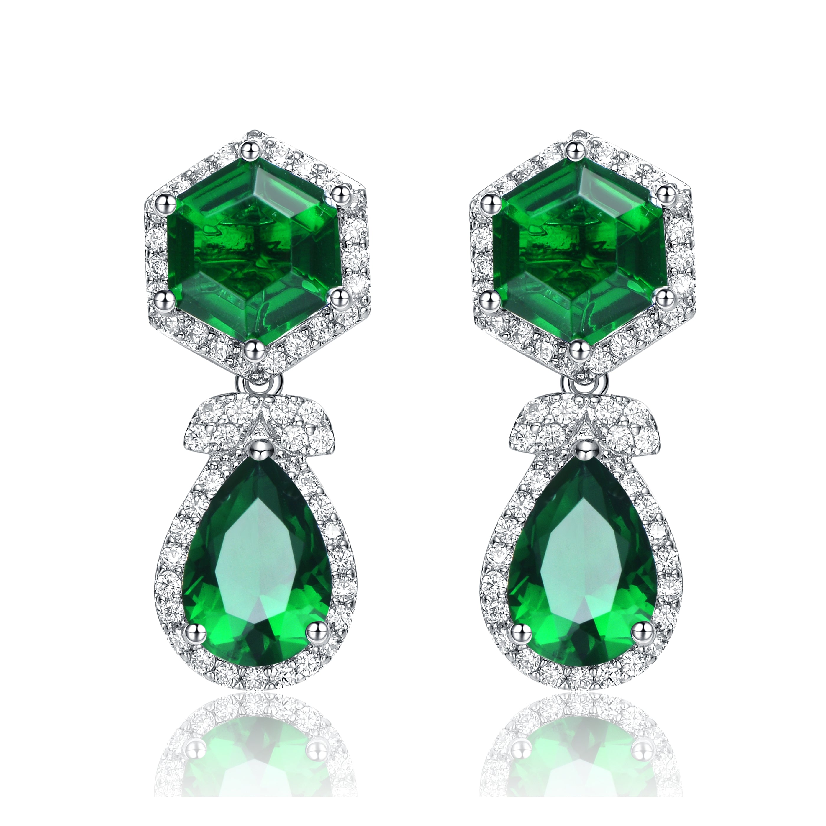 Women’s Silver / Green / White Rhodium-Plated With Emerald & Diamond Cubic Zirconia Vintage Formal Halo Earrings In Sterling Silver Genevive Jewelry