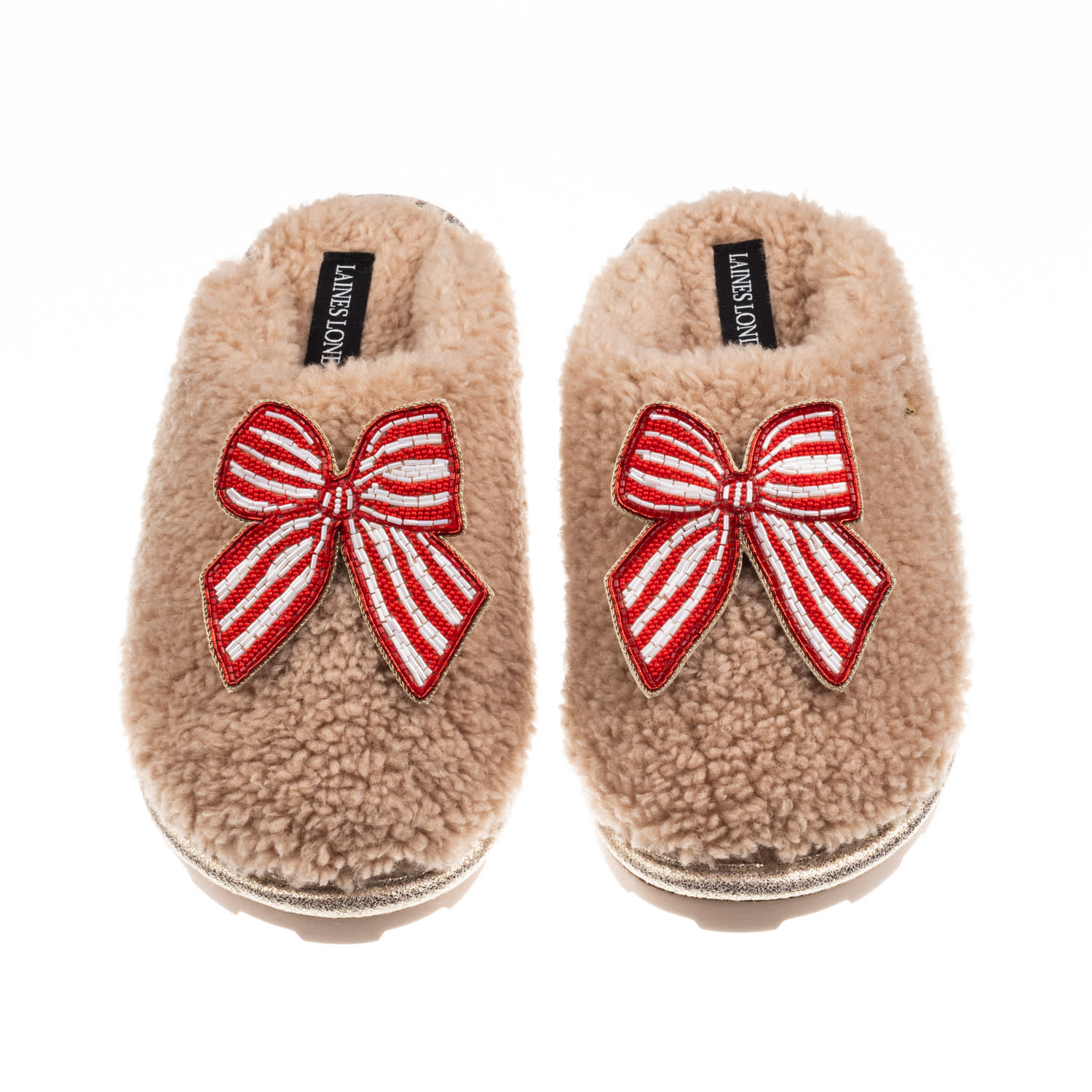 Laines London Women's Brown / Neutrals Teddy Closed Toe Slippers With Red Stripe Bow Brooches - Toffee In Brown