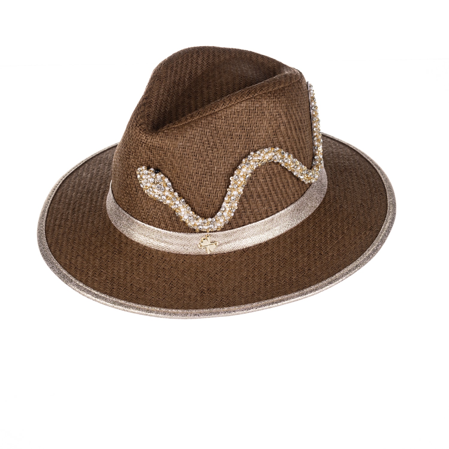 Laines London Women's Brown Straw Woven Hat With Couture Embellished Crystal Snake - Caramel In Brown/gold