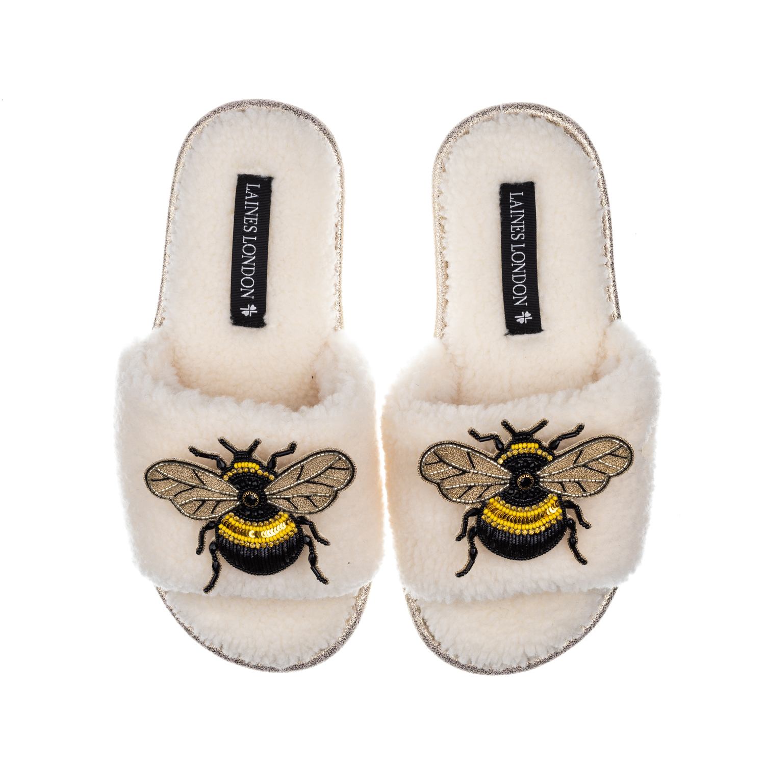 Laines London Women's White Teddy Toweling Slipper Sliders With Double Honeybee Brooches - Cream In White