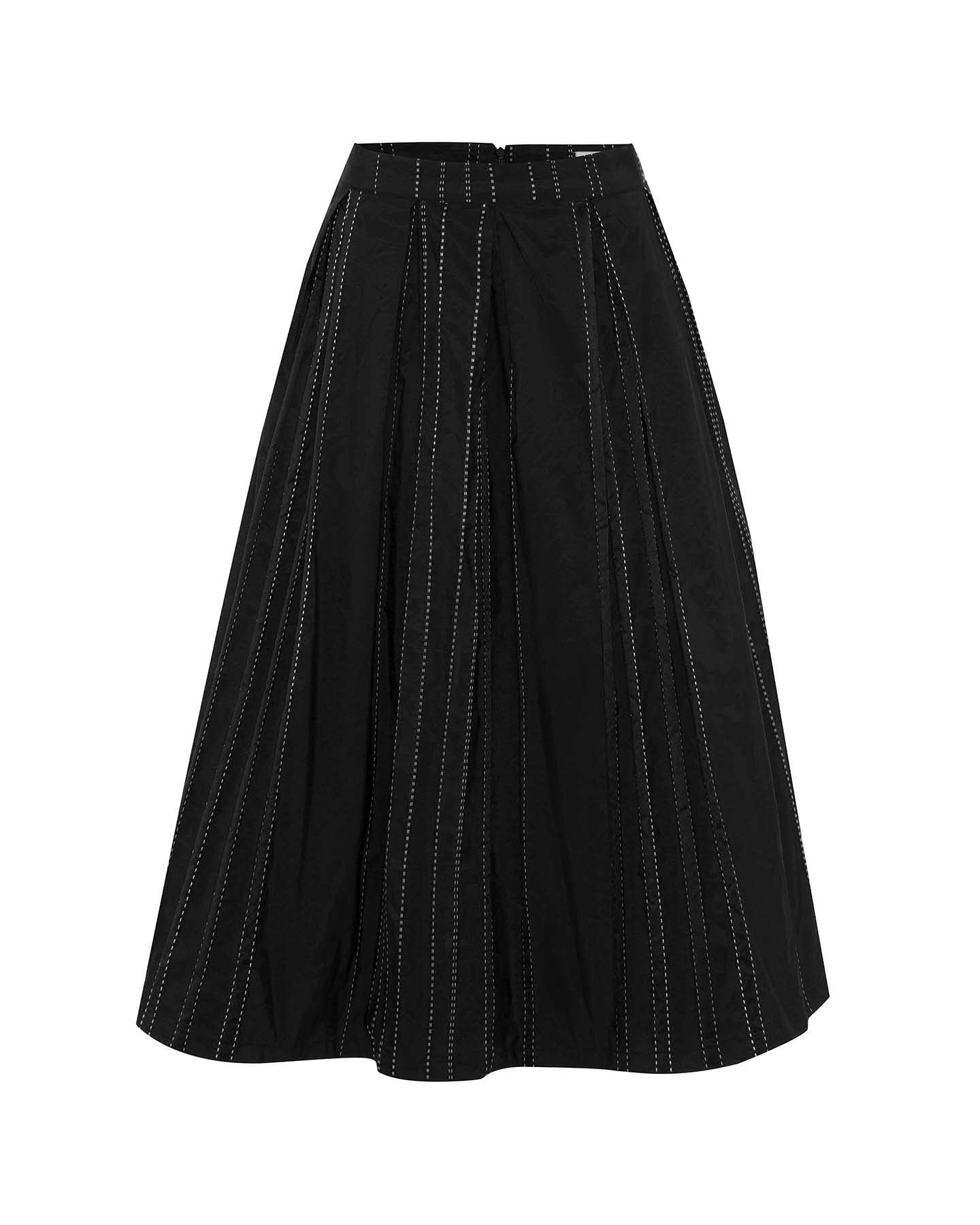 Theo The Label Women's Theia Striped Taffeta Pleated Midi Skirt - Black