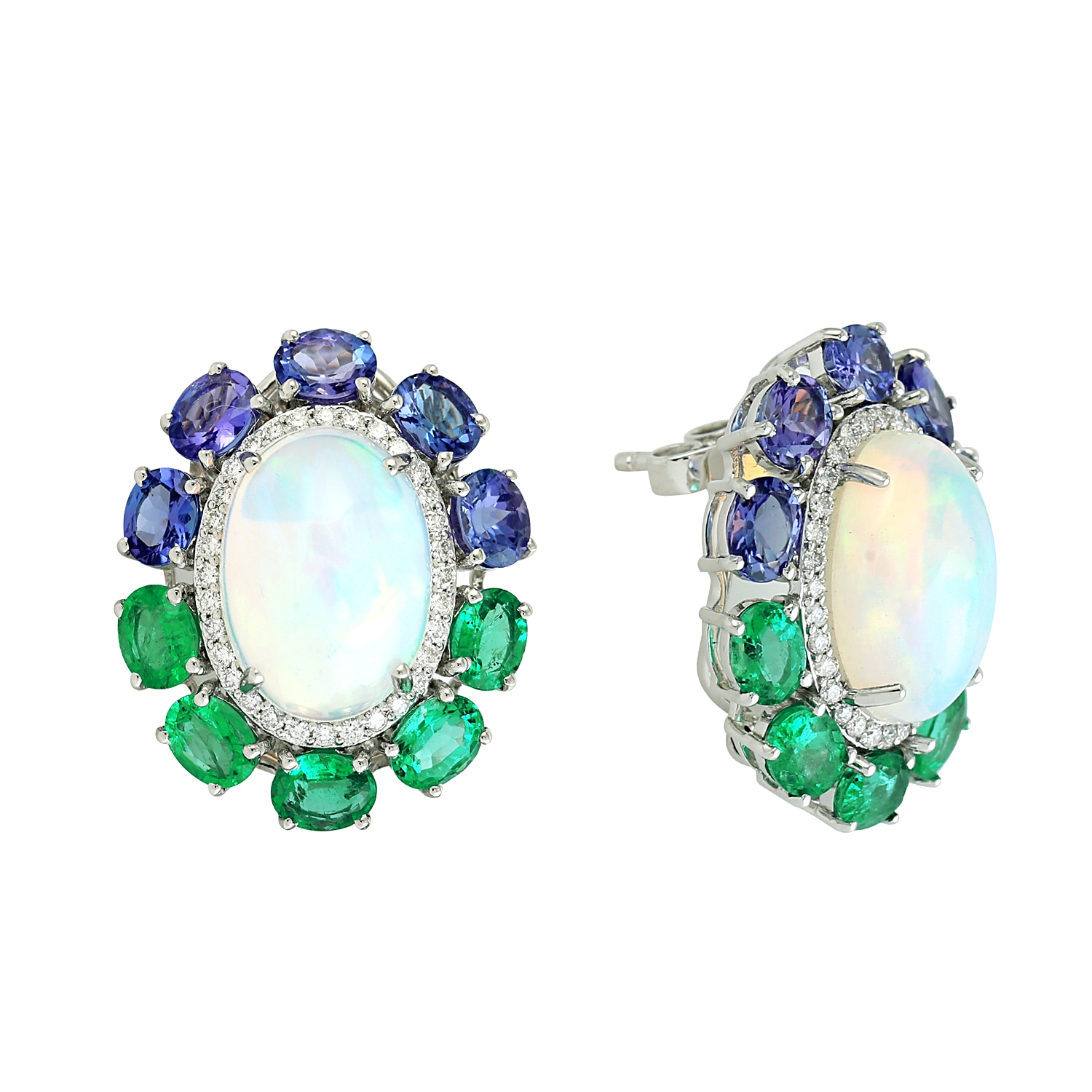 Women’s Blue / White / Green Ethiopian Opal & Tanzanite With Emerald Pave Diamond In 18K White Gold Fancy Stud Earrings Artisan