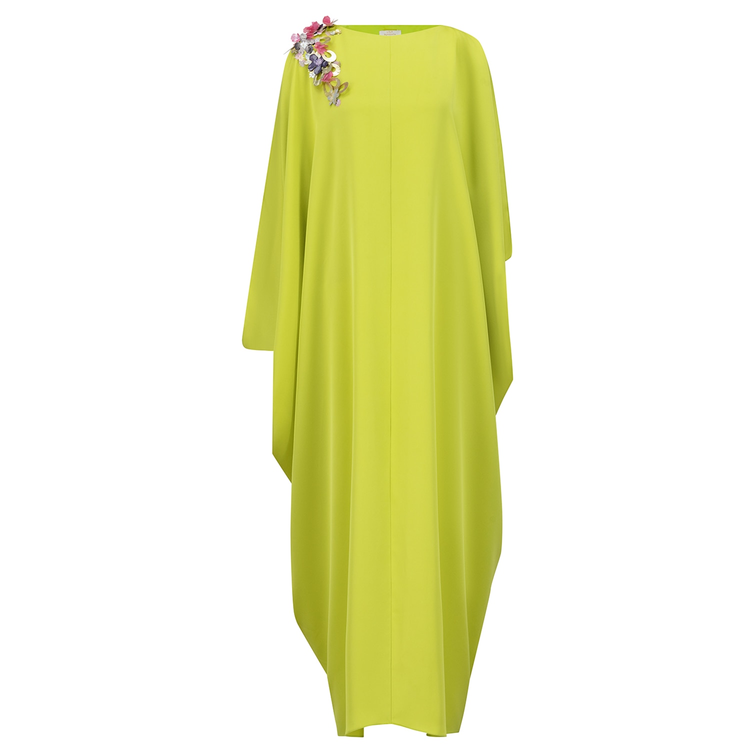 Azzalia Women's Green Kaftan In Mariposa Cut And Slitted Sleeves With One Shoulder Three-d Embellishment