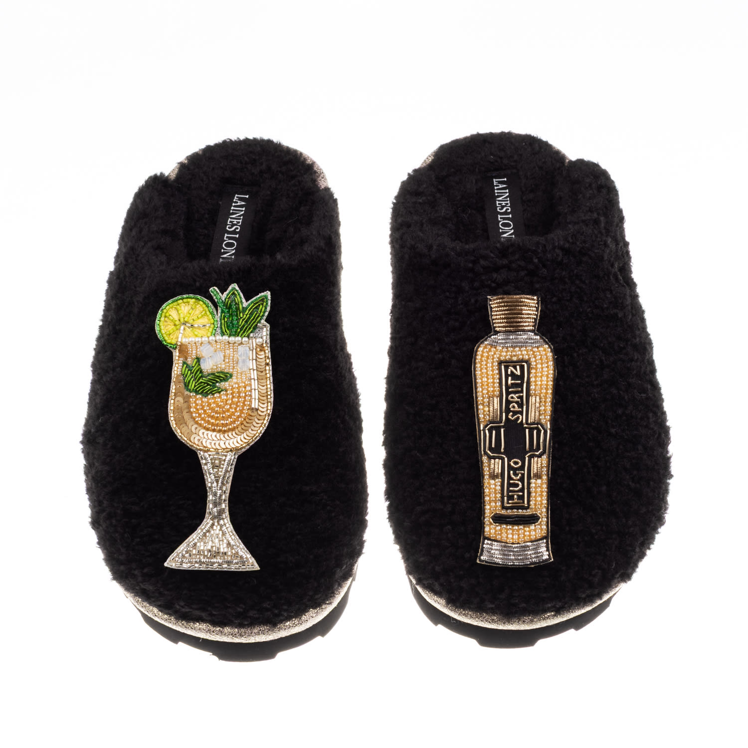 Laines London Women's Teddy Closed Toe Slippers With Hugo Spritz Brooches - Black In Black