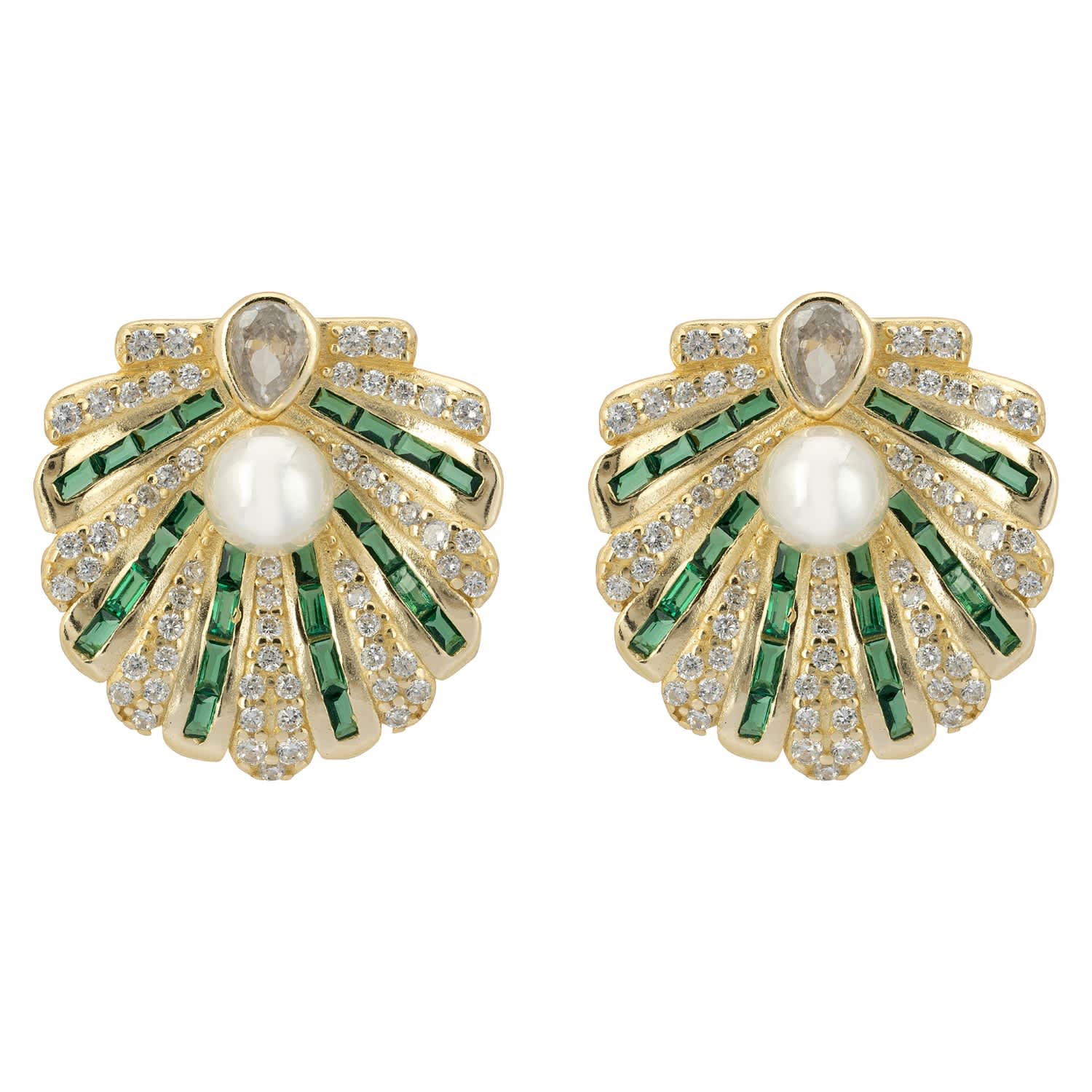 Art Deco Scallop Shell Earrings Emerald Green With Pearl  Vintage Green Gold Pearl-Embellished Earrings main image 0