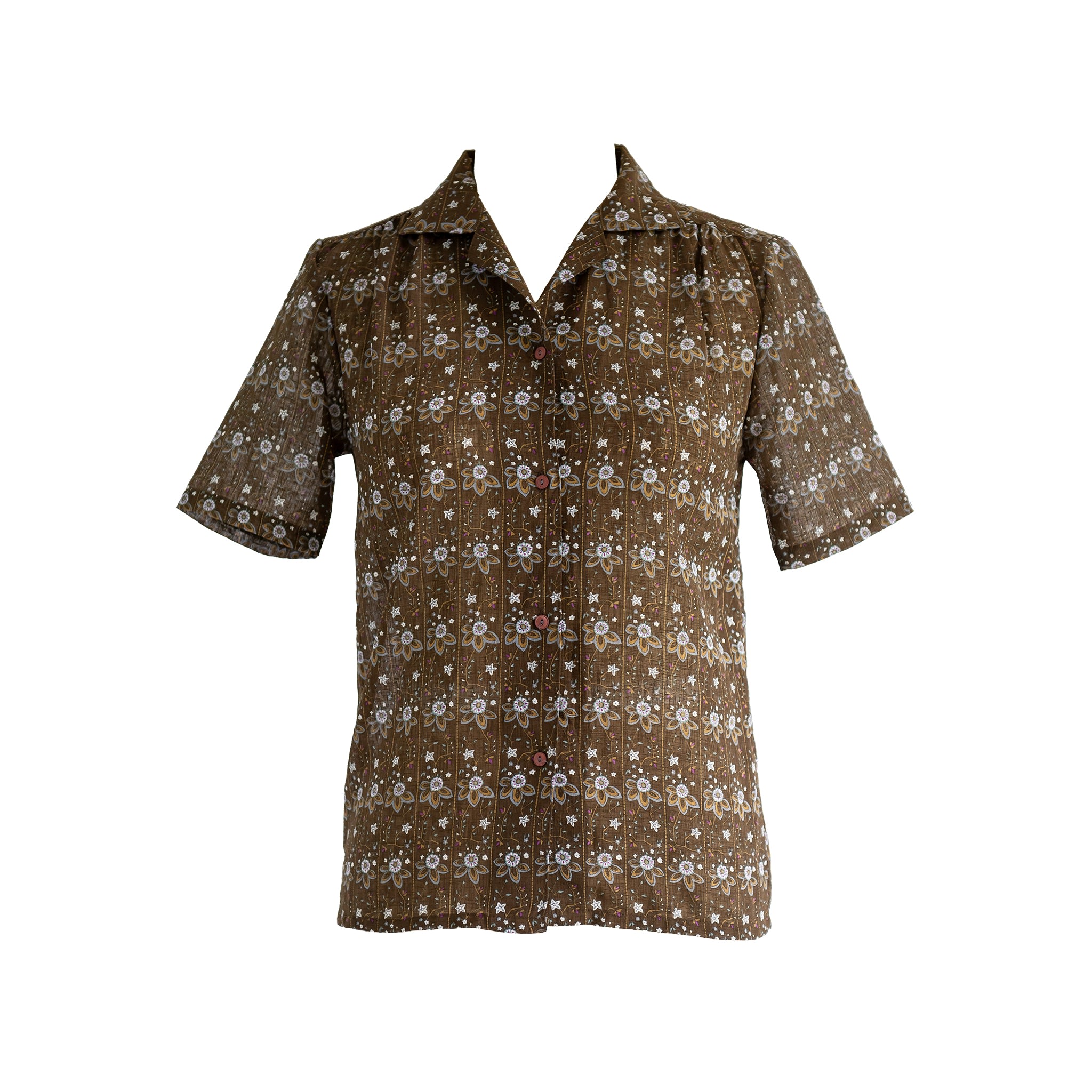 Sugar Cream Vintage Women's Brown Vintage White Floral Stripe Collared Polyester Blouse In Brown