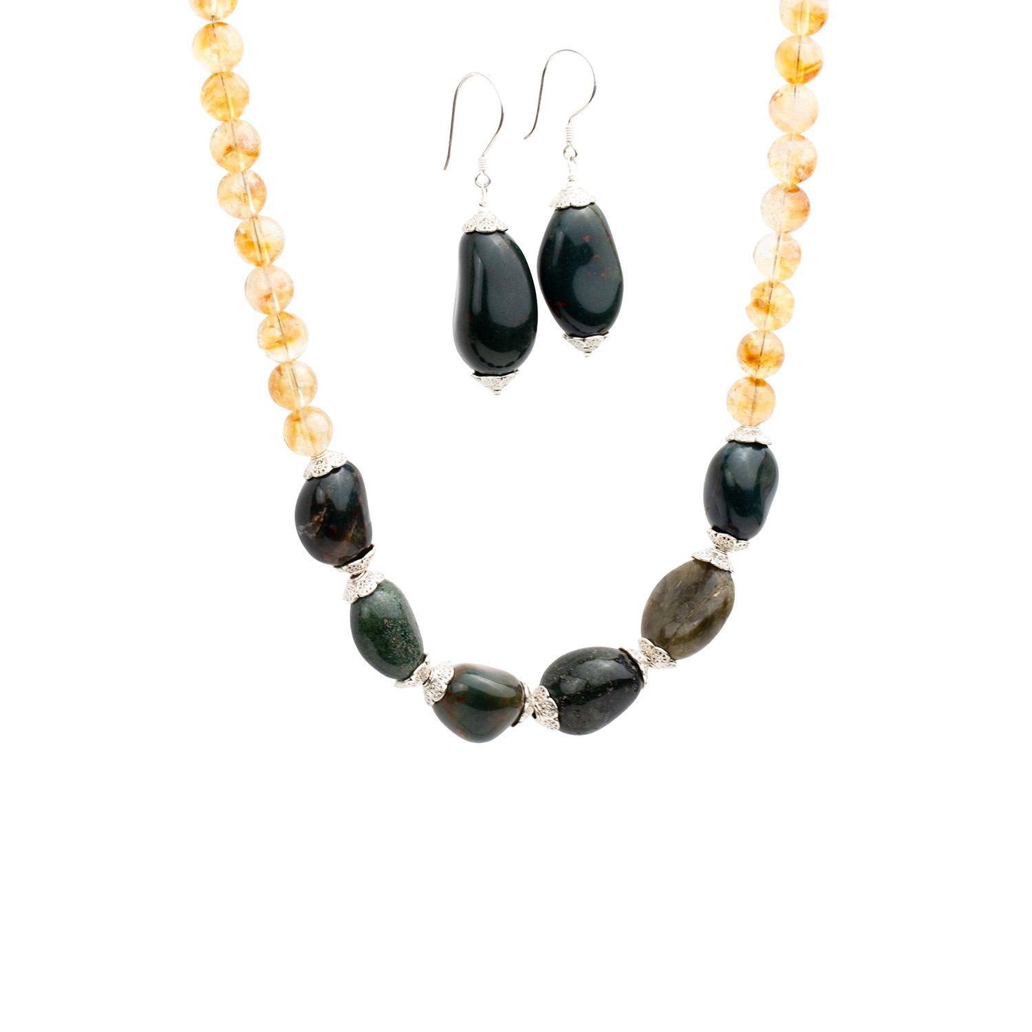 Amonta Women's Gold / Green / Silver Bloodstone & Citrine Statement Jewellery Set