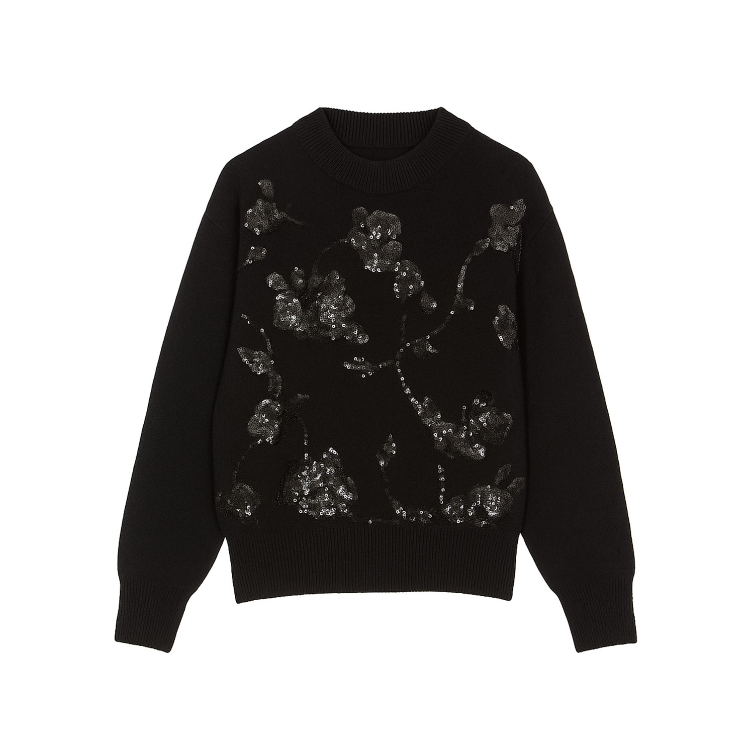 Yumi Relaxed Fit Floral Sequin Sweater In Black