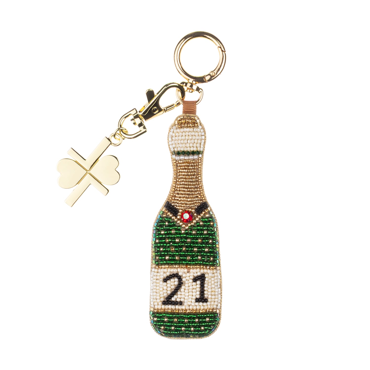Women’s Gold / Green / White Milestone Birthday Champagne Hand-Beaded Bag Charm – 21St | Laines London