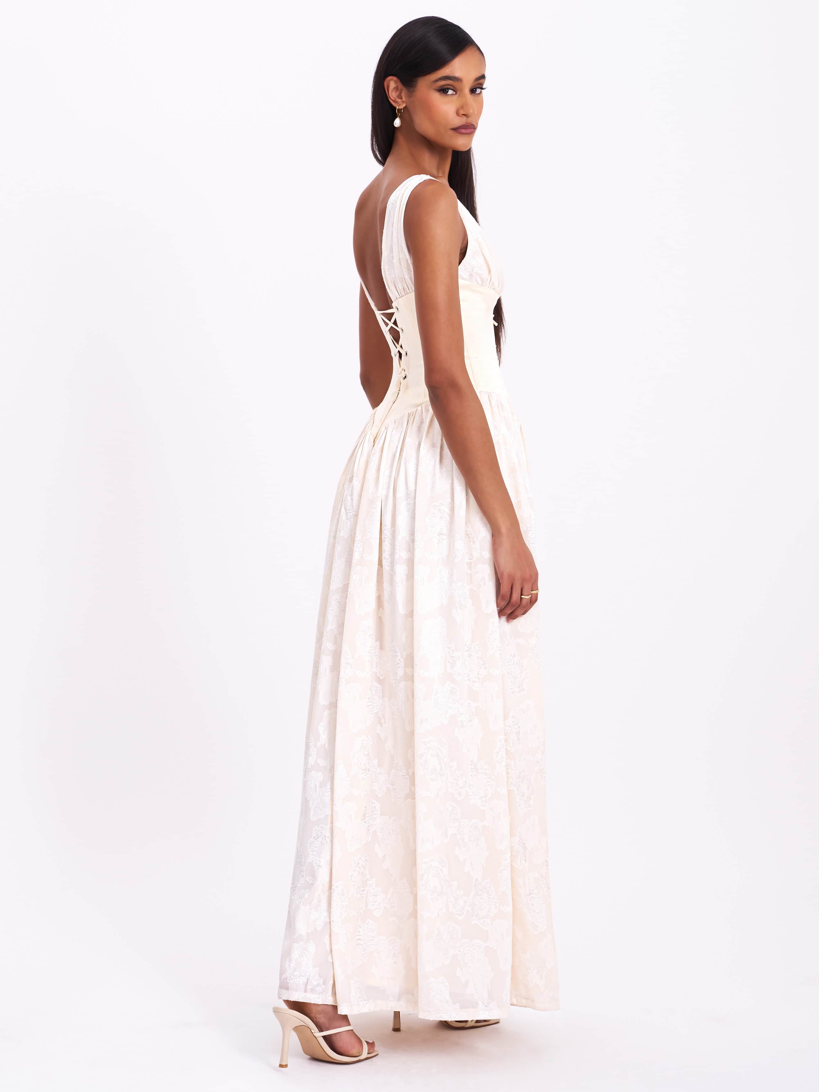 Sabrina Butter Yellow High Slit Jacquard Maxi Dress | Miss Circle