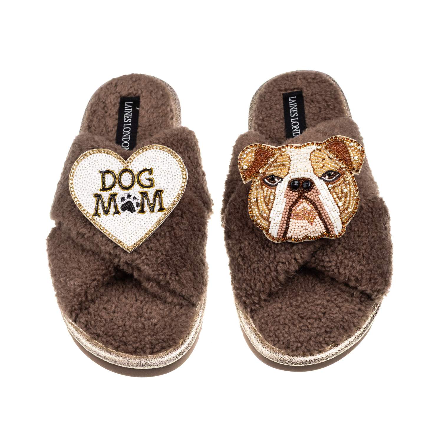 Laines London Women's Brown / Neutrals Laines Neutral Boucle Slippers With Mr Beefy Bulldog & Dog Mum / Mom Brooch