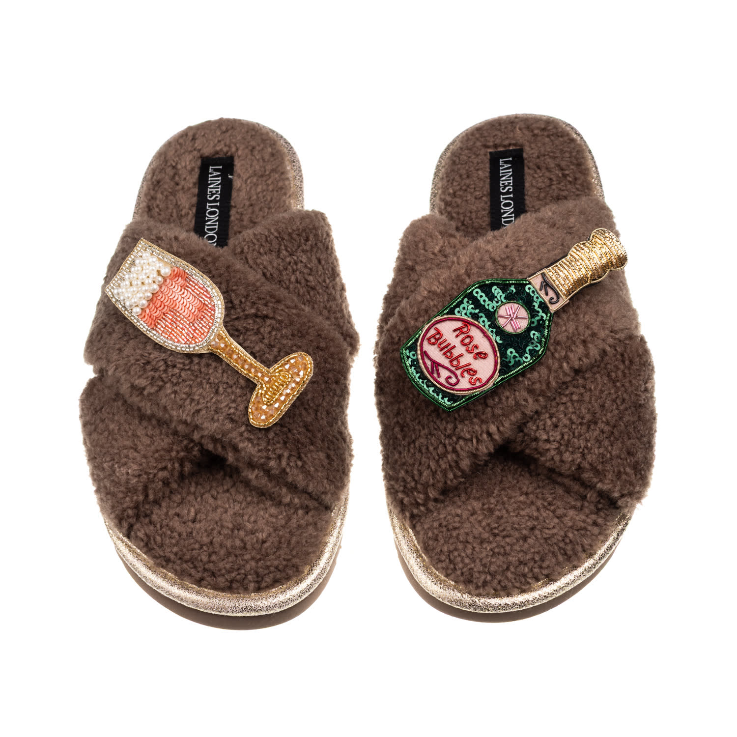 Laines London Women's Brown / Neutrals Laines Neutral Boucle Slippers With Pink Champagne Brooches - Mink