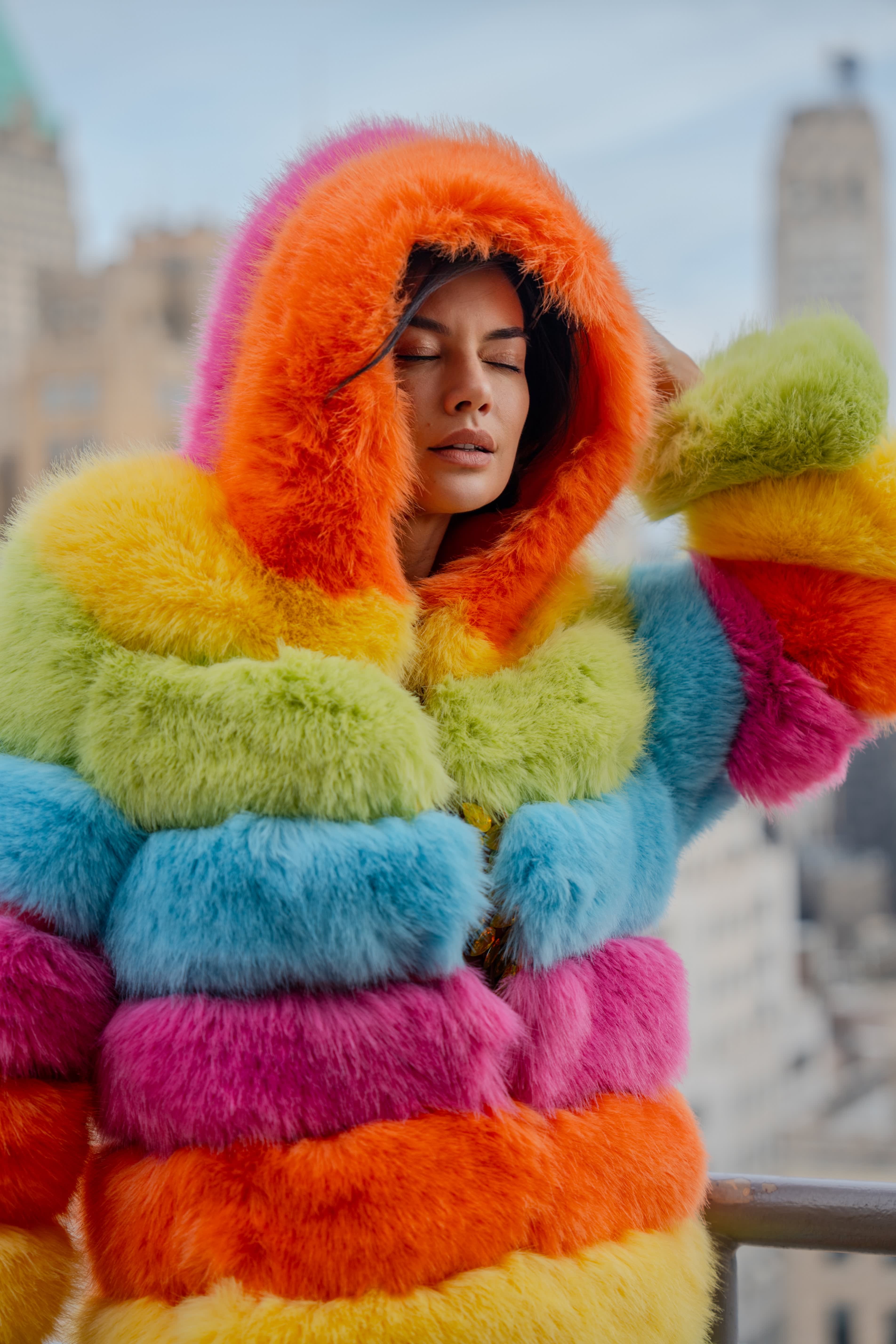 Over The Rainbow Faux Fur Coat By Dani Watanabe HARMONIA NY Wolf Badger