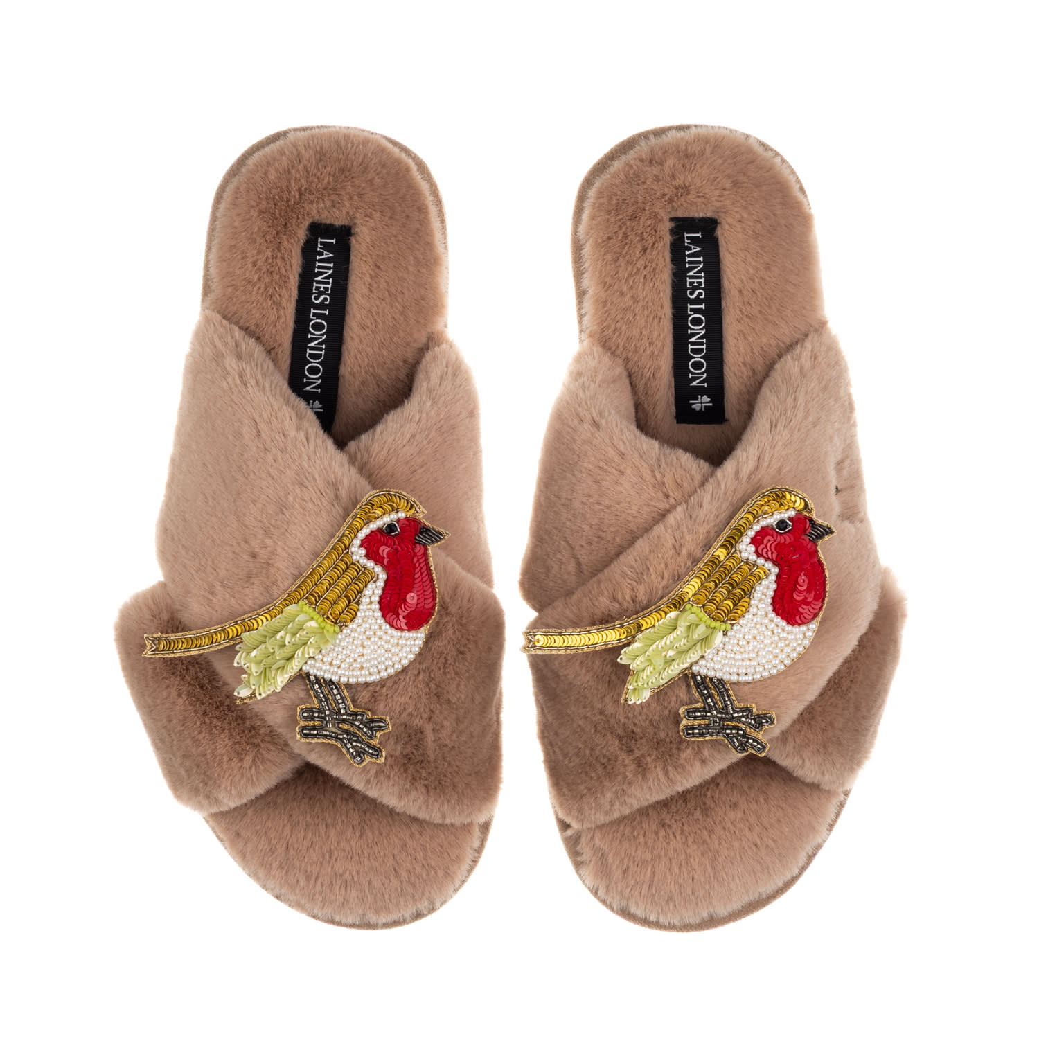 Laines London Women's Brown / Neutrals Classic Laines Christmas Collection Slippers With Double Robin Brooches - T In Brown